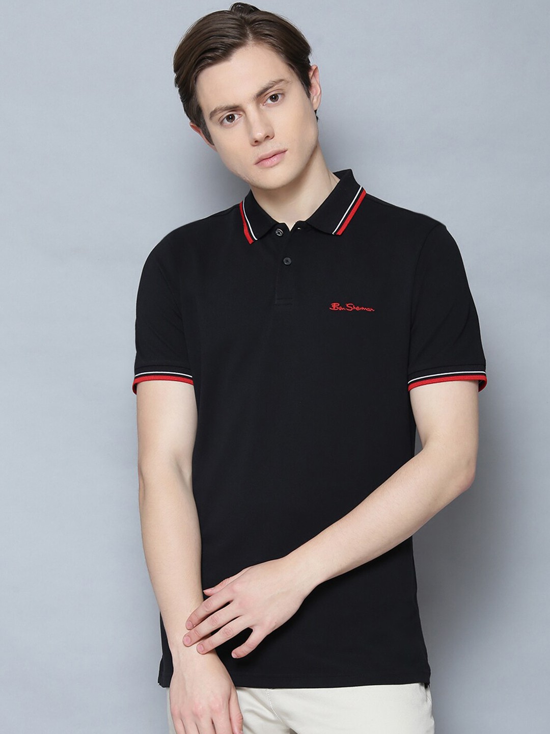 BEN SHERMAN Men Black Solid Polo Collar Organic Cotton T-shirt