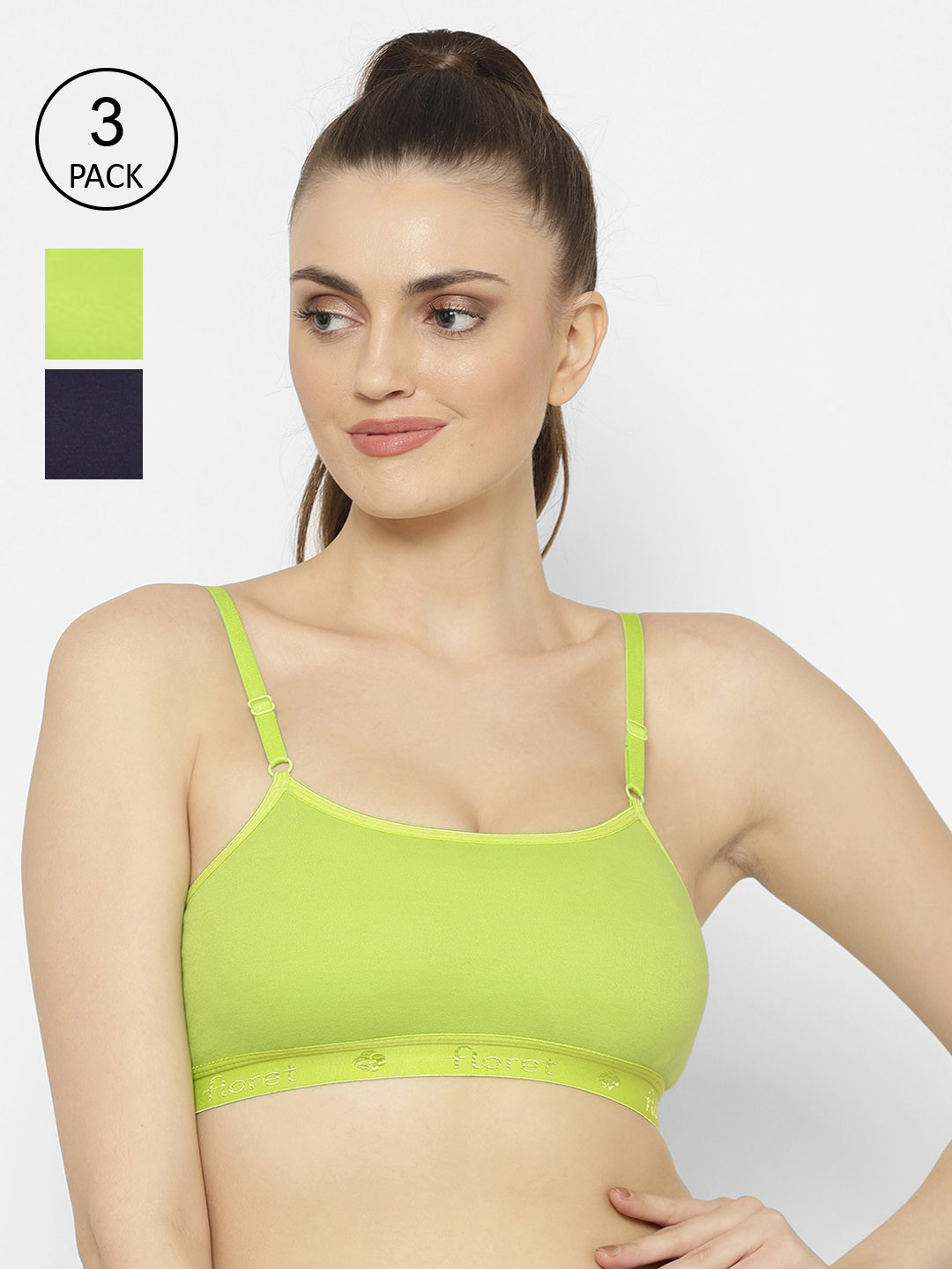 

Floret Lime Green & Black Solid Set of 3 Workout Bra 1492_Lime Green-N.Blue-Lime Green