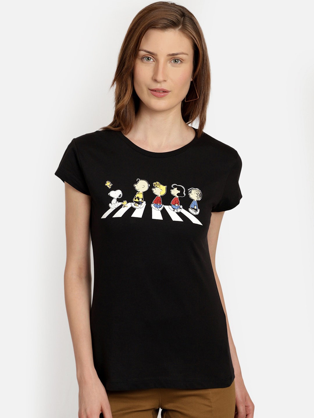 

Free Authority Women Black Peanuts Print Round Neck Pure Cotton T-shirt