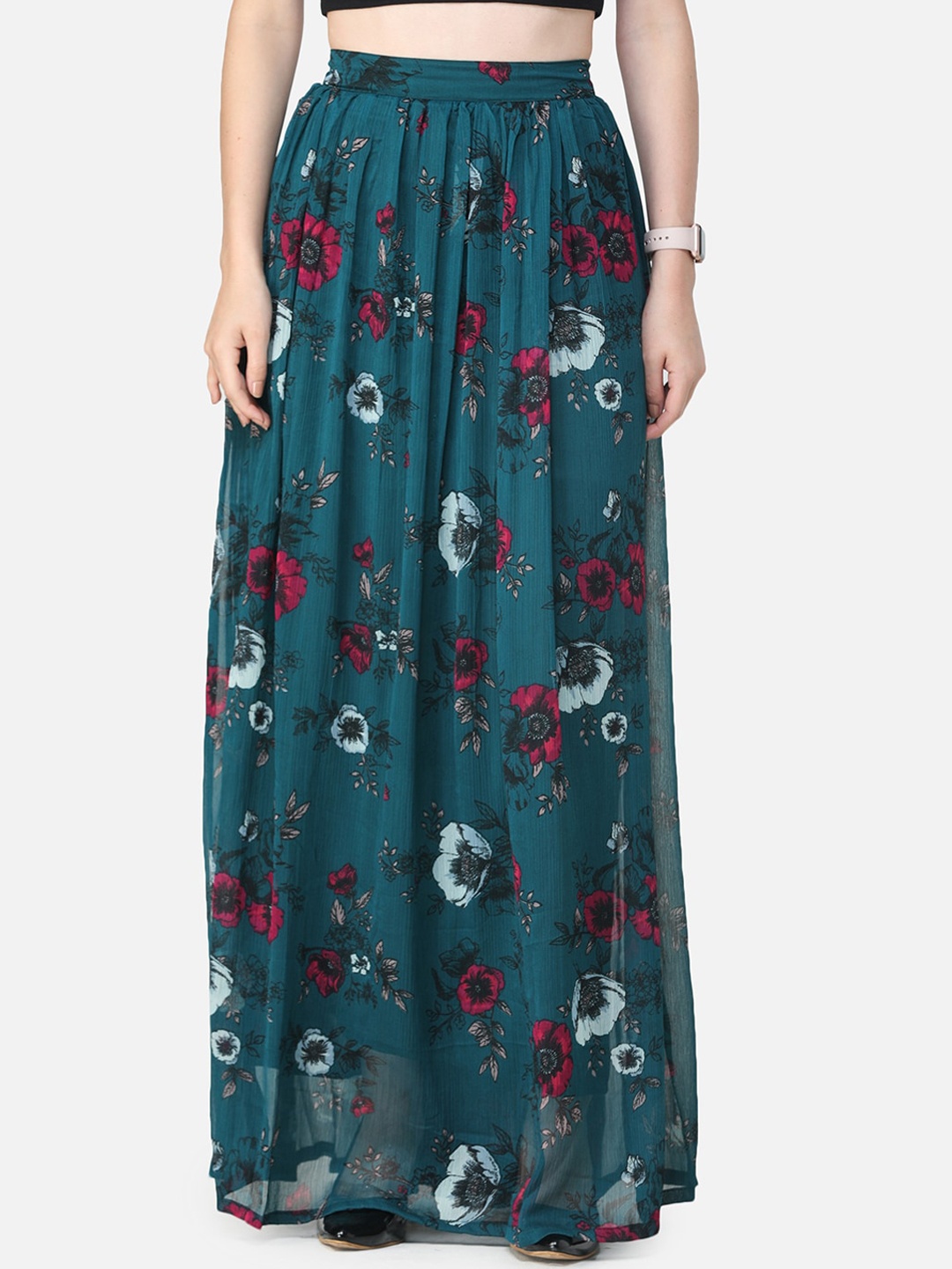 

SCORPIUS Women Teal Blue & Pink Printed Flared Maxi Skirt