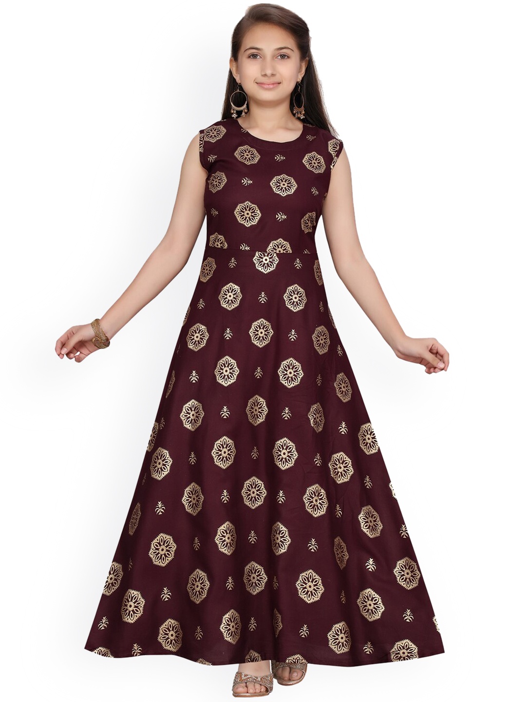 

Aarika Girls Burgundy Printed Maxi Dress
