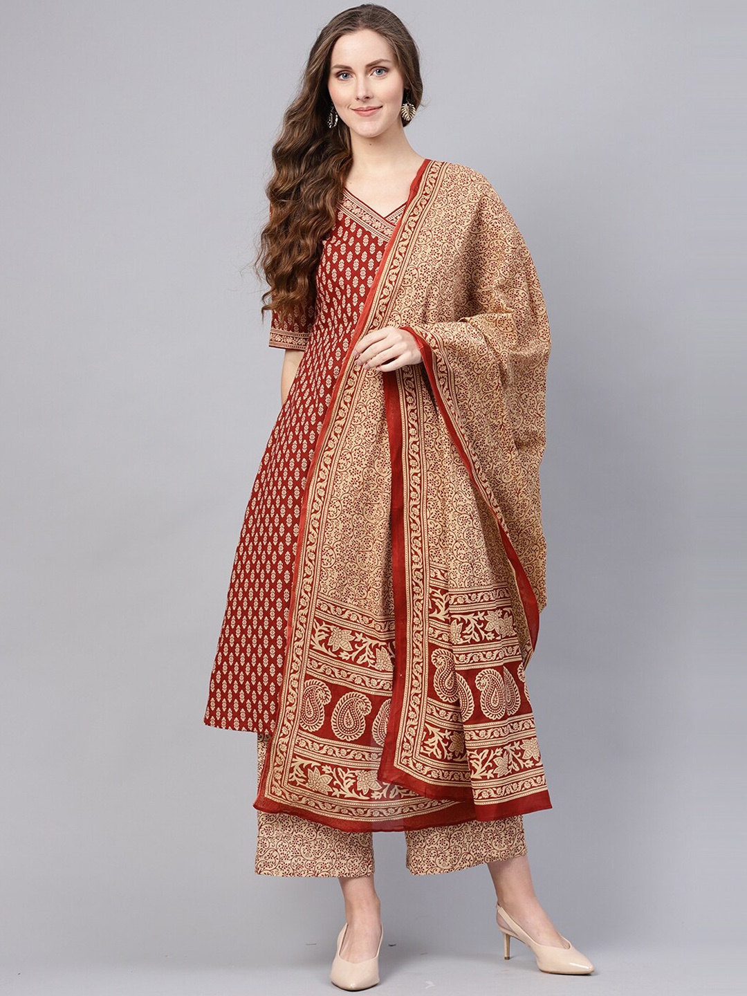 

Indo Era Women Maroon Woven Design Kurta with Palazzos & Dupatta
