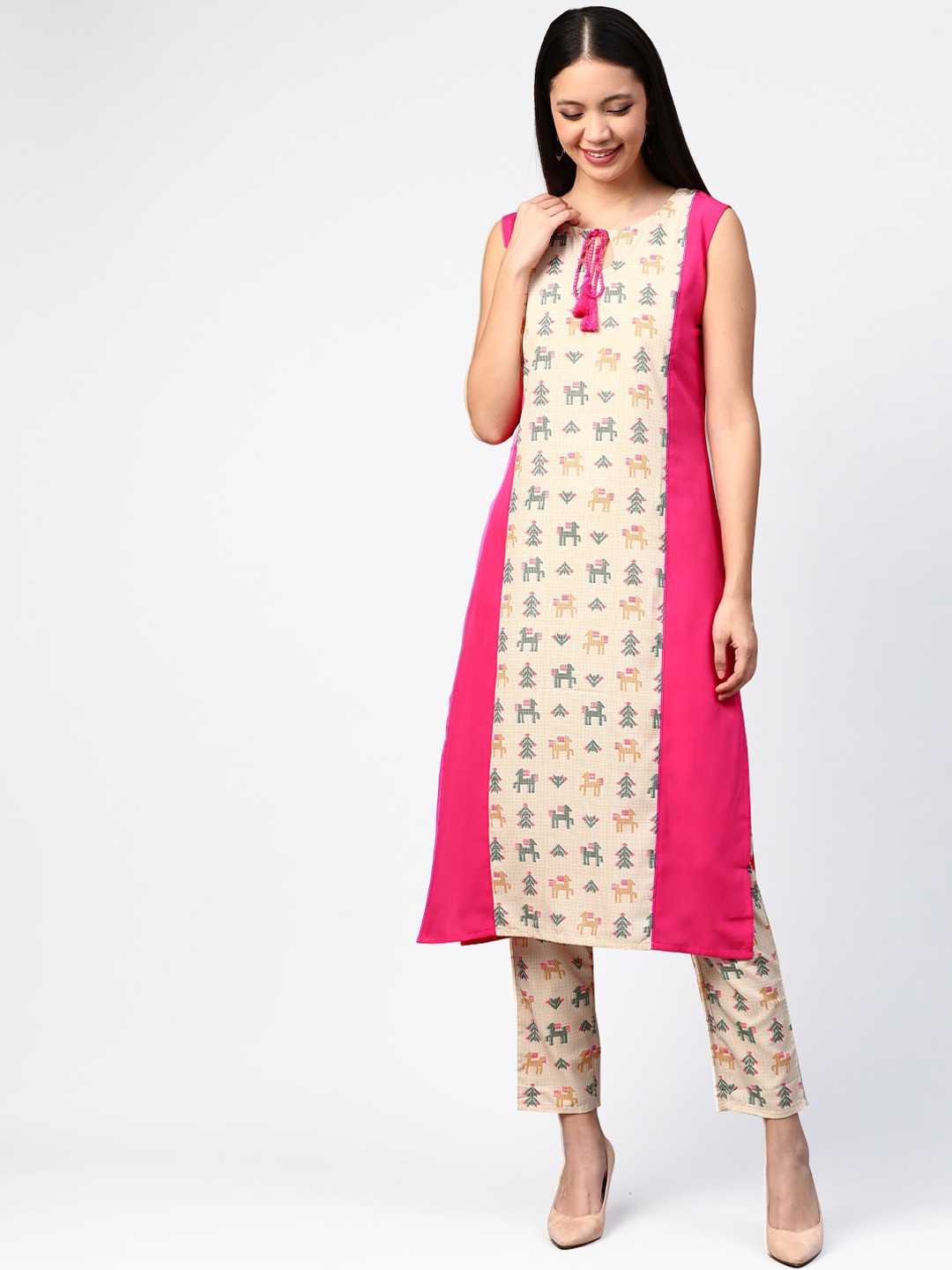 

ZIYAA Women Pink & Beige Printed Kurta with Trousers