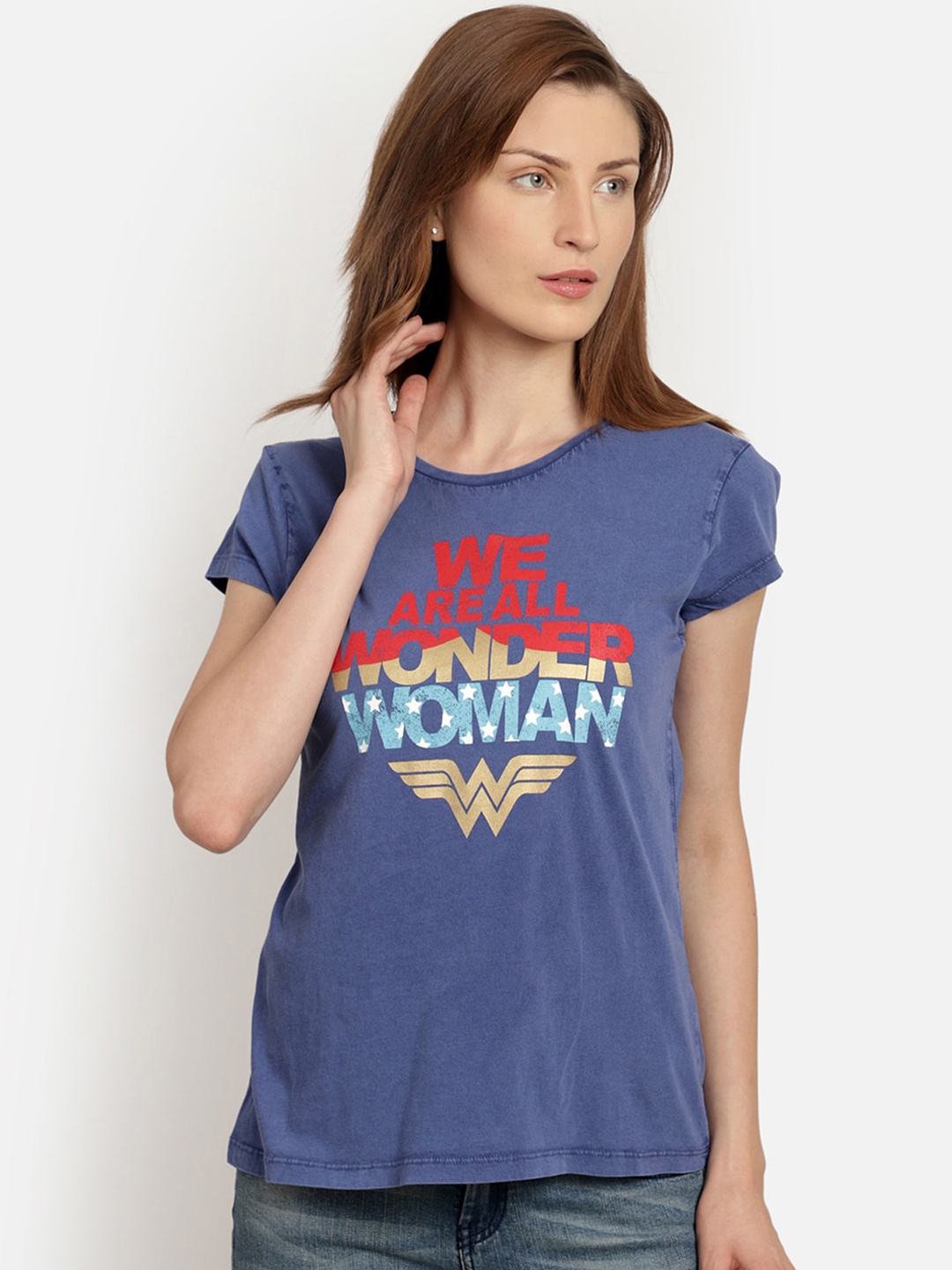 

Free Authority Women Blue Wonder Woman Printed Round Neck Pure Cotton T-shirt