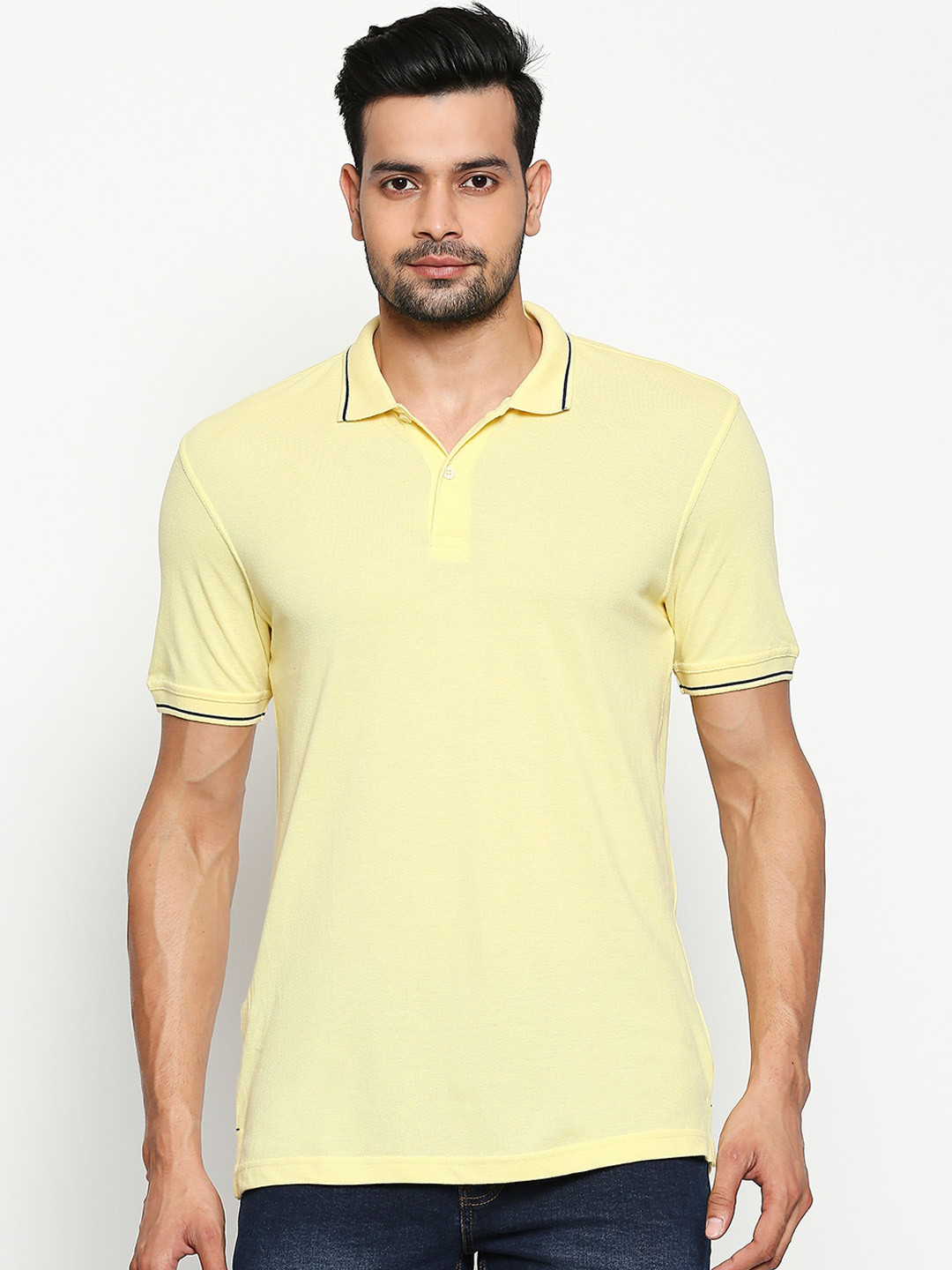 

BYFORD by Pantaloons Men Yellow Solid Polo Collar Cotton Pure Cotton T-shirt