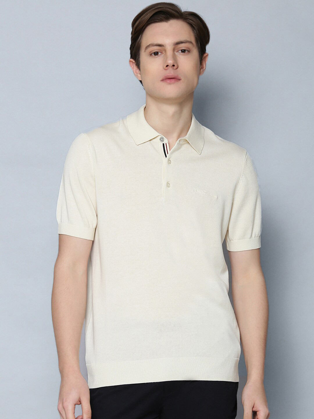 

BEN SHERMAN Men Off-White Solid Polo Collar Cotton Pure Cotton T-shirt