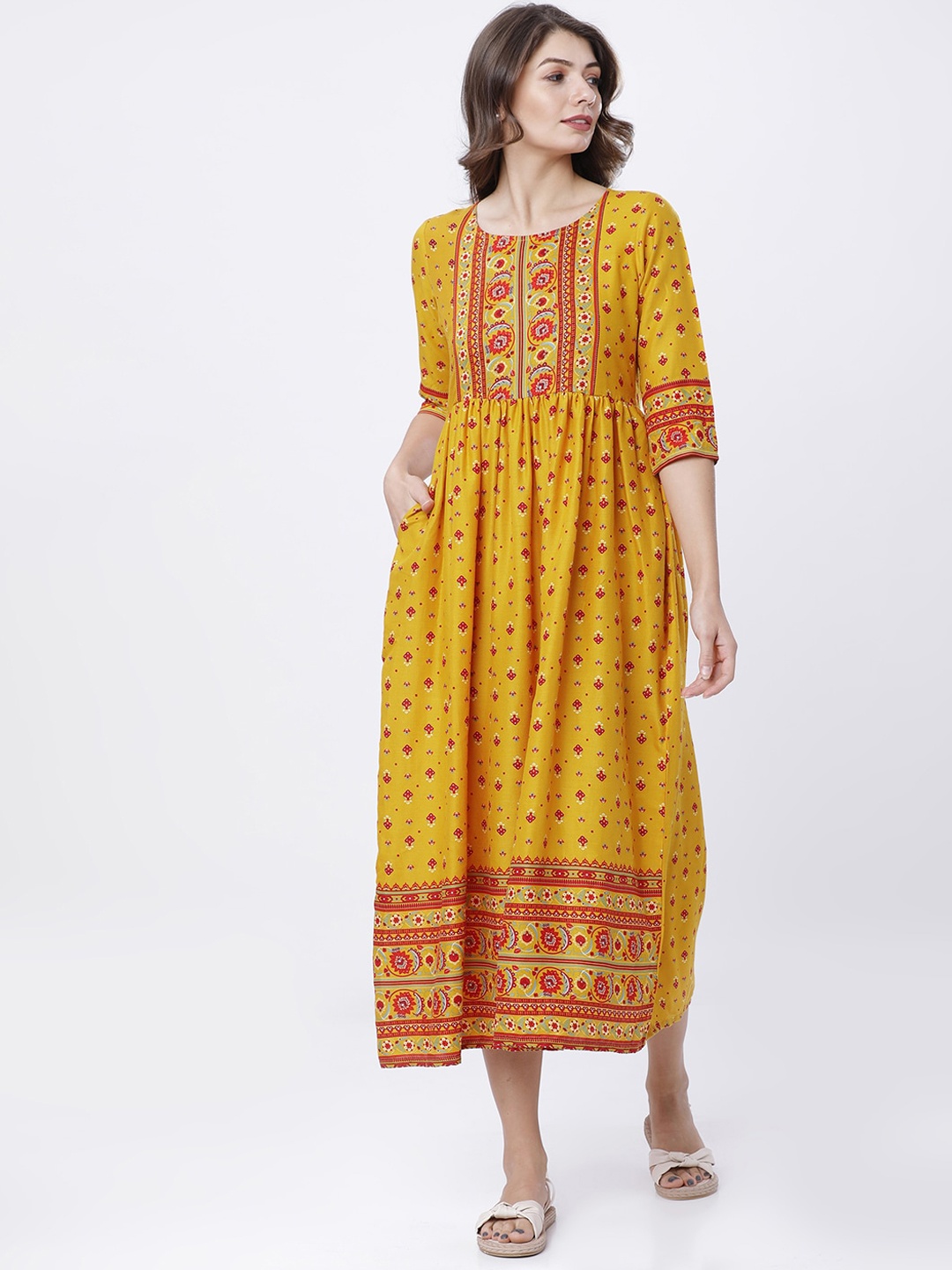 

Vishudh Women Mustard Yellow Printed A-Line Dress