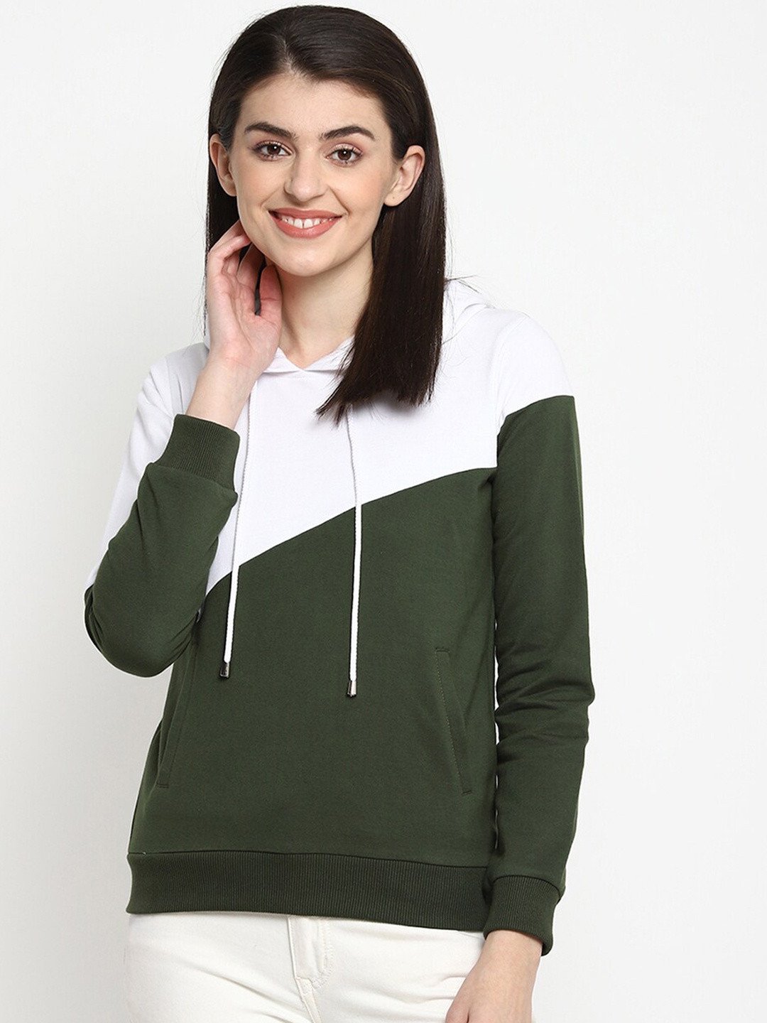 

THREAD MUSTER Women Olive Green & White Colourblocked Hooded Sweatshirt