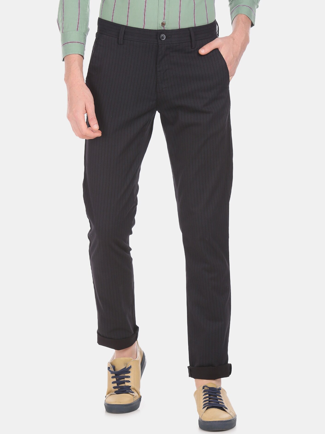

Arrow Sport Men Black Striped Regular Trousers