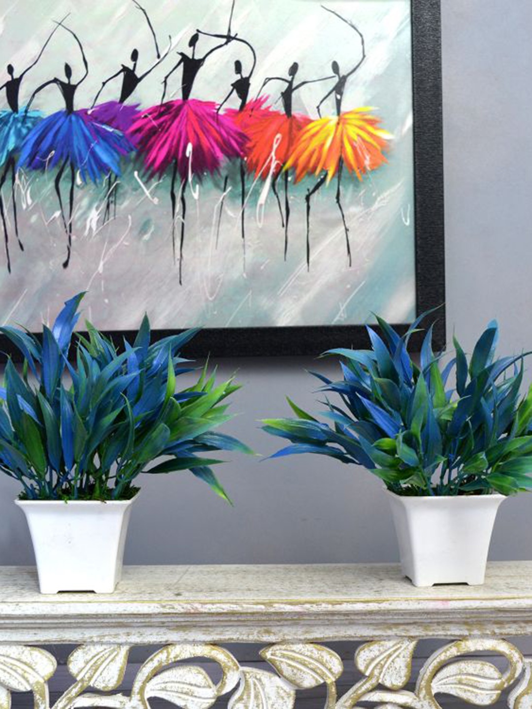 

fancy mart Set Of 2 Blue & Green Artificial Bamboo Leaves In Gamla Pot