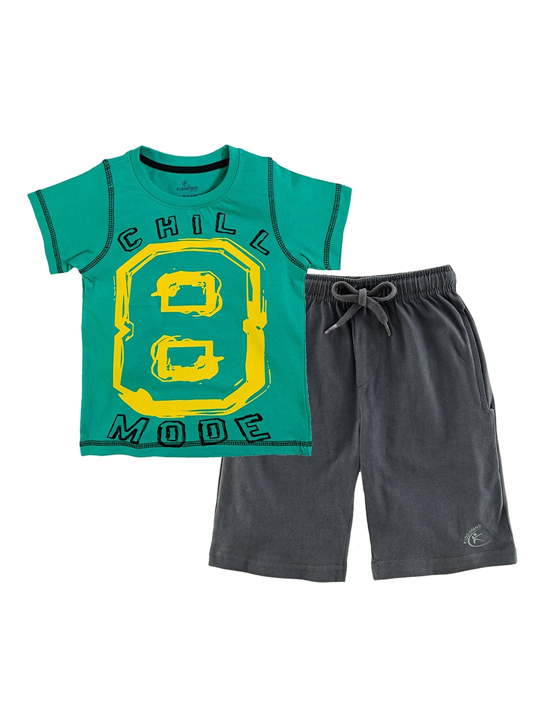 

KiddoPanti Boys Green & Grey Pure Cotton Printed T-shirt with Shorts