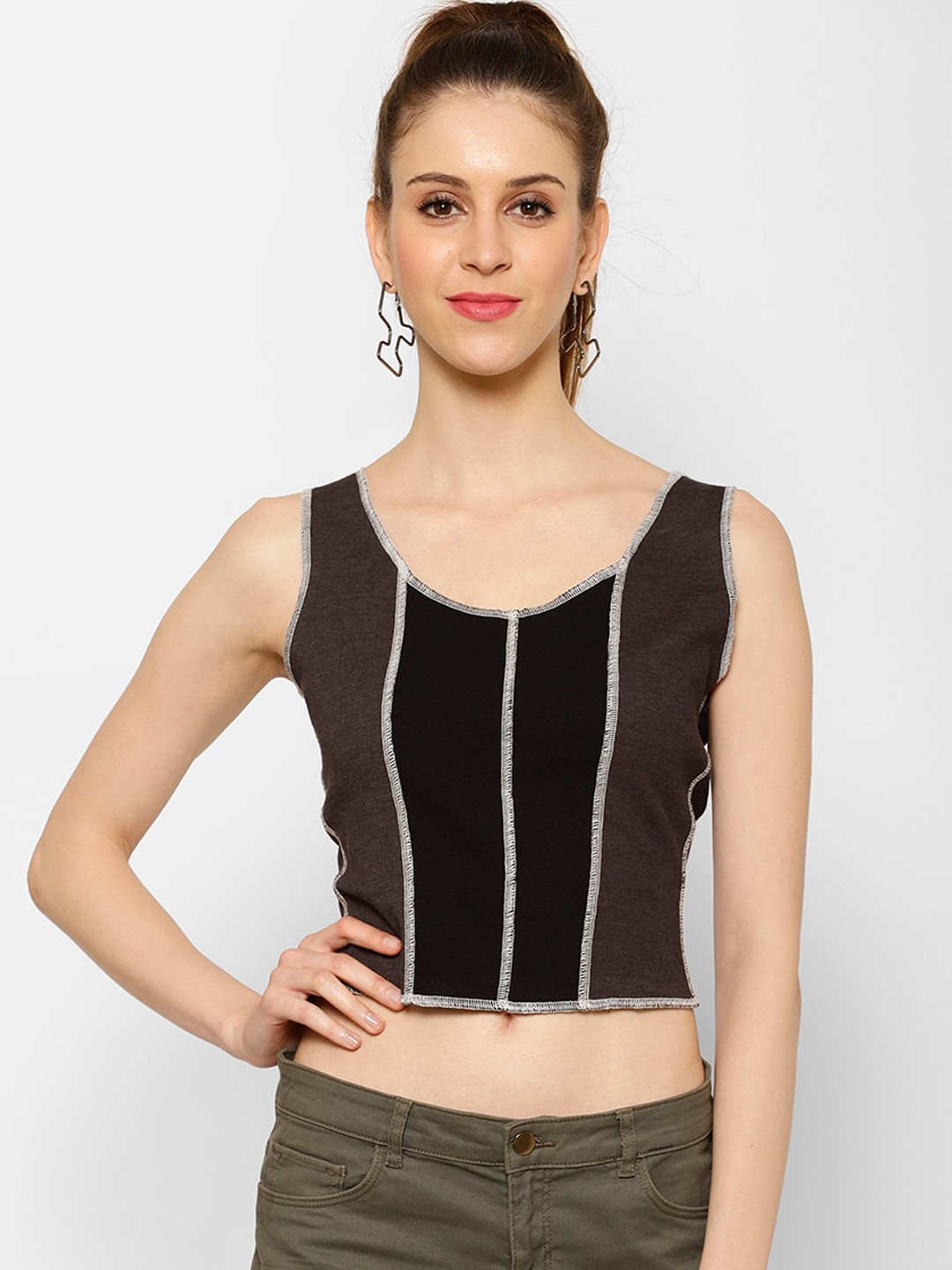 

KASSUALLY Women Grey Striped Fitted Top