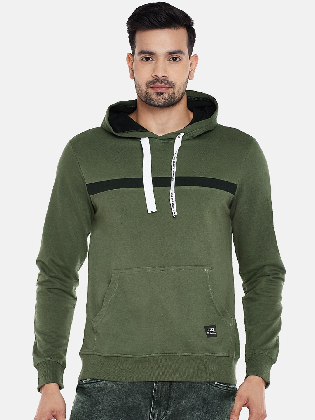 

People Men Olive Green Solid Hooded Sweatshirt
