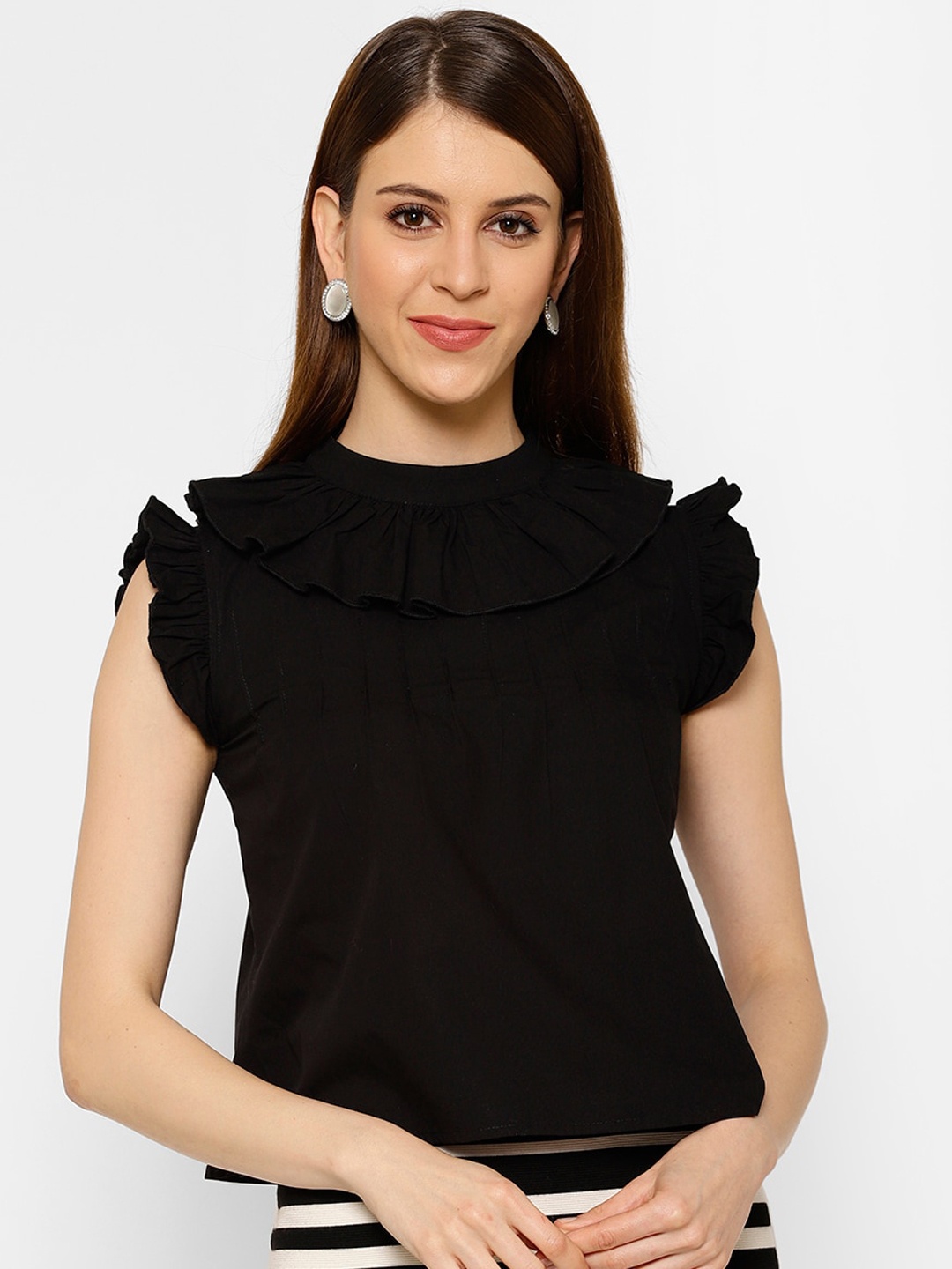 

KASSUALLY Women Black pintucks frilly Top