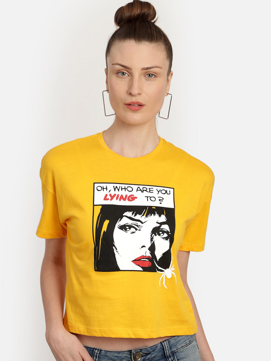 

Free Authority Women Yellow Black Widow Printed Crop T-shirt