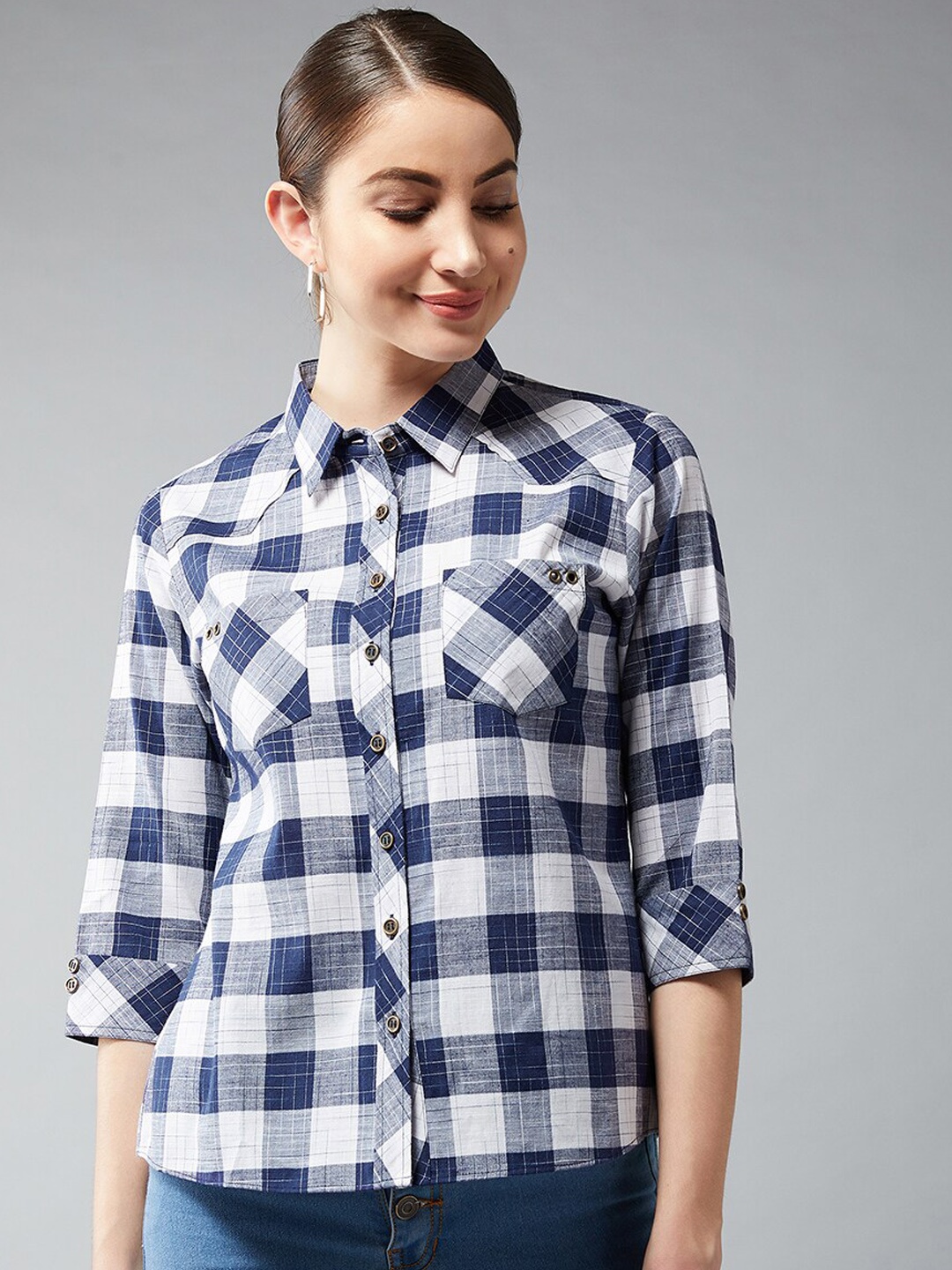 

DOLCE CRUDO Women Navy Blue & White Regular Fit Checked Casual Shirt