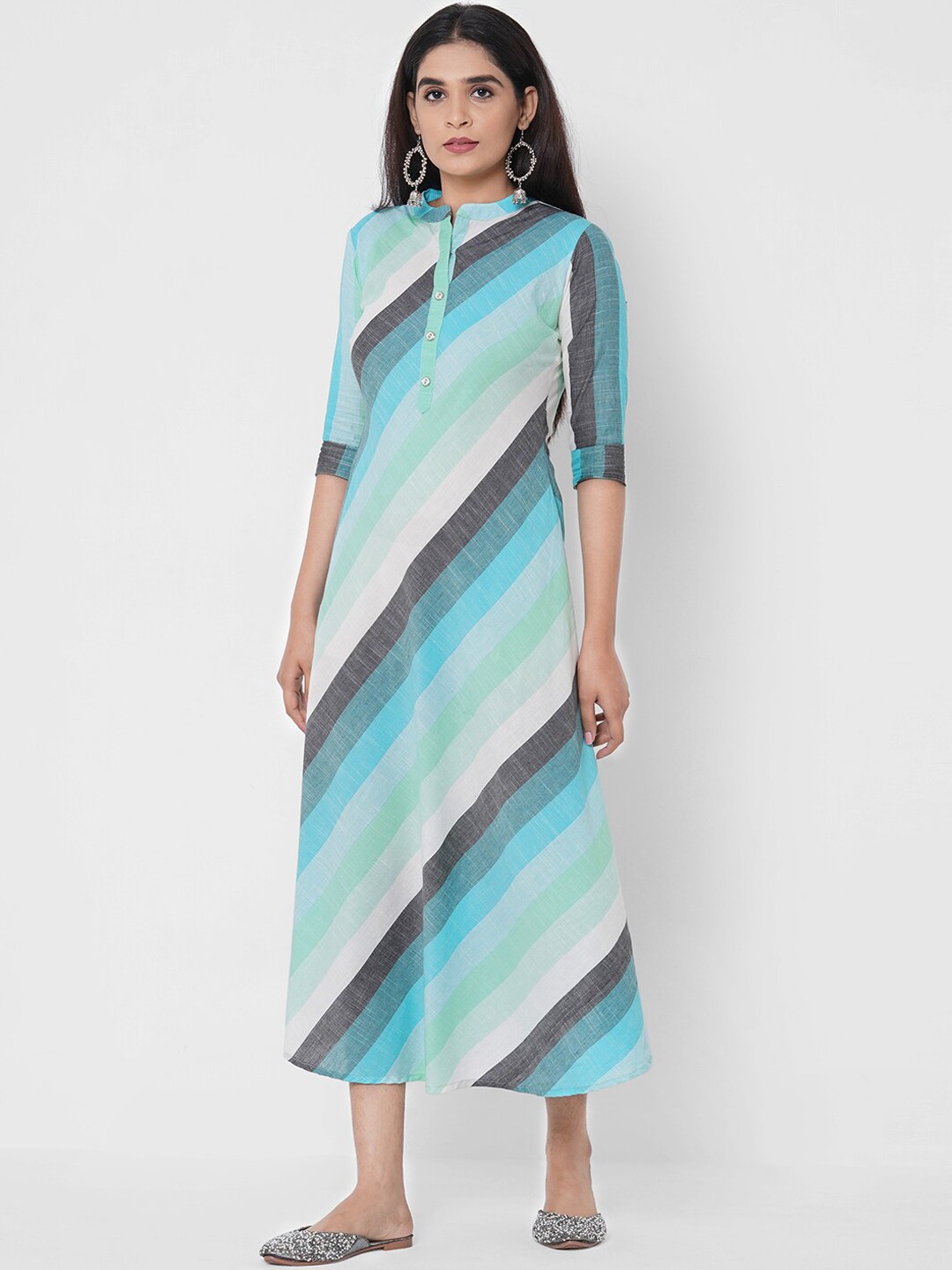 

FASHOR Women Sea Green & Grey Striped A-Line Dress