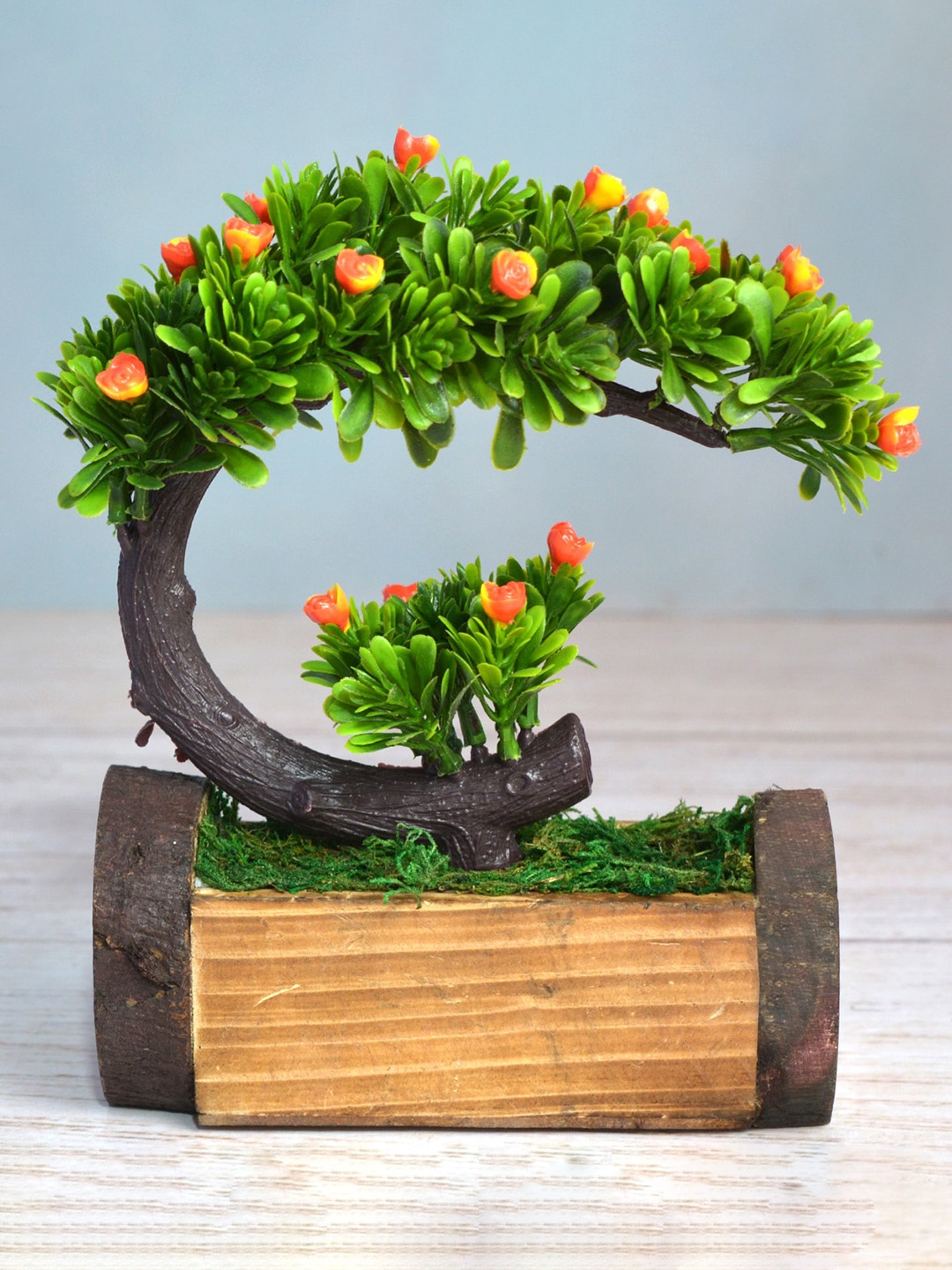 

fancy mart Green & Orange Artificial Bend Bonsai In Buckle Pot