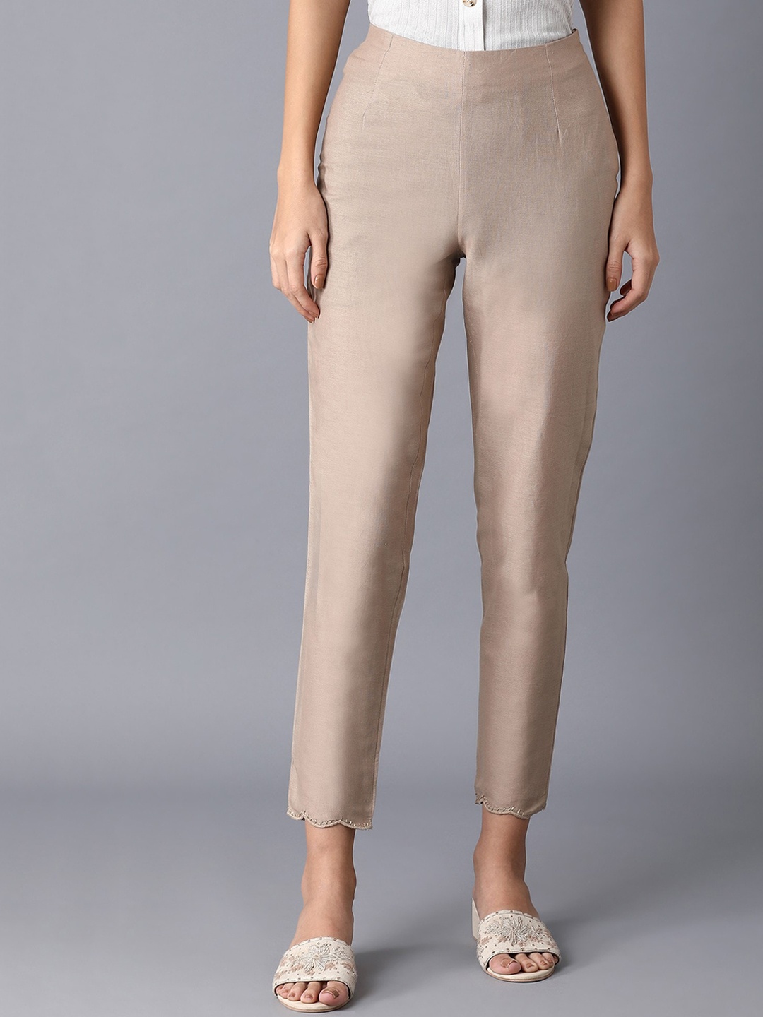 W Women Beige Slim Fit Solid Cigarette Trousers