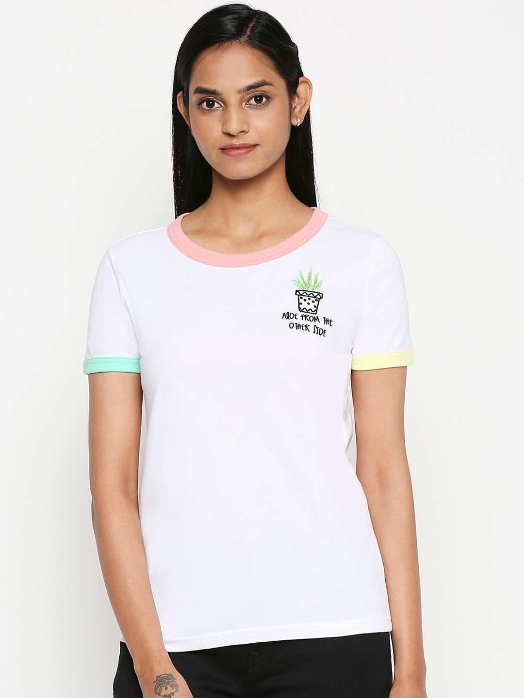 

Honey by Pantaloons Women White Black Embroidered Round Neck Cotton Pure Cotton T-shirt