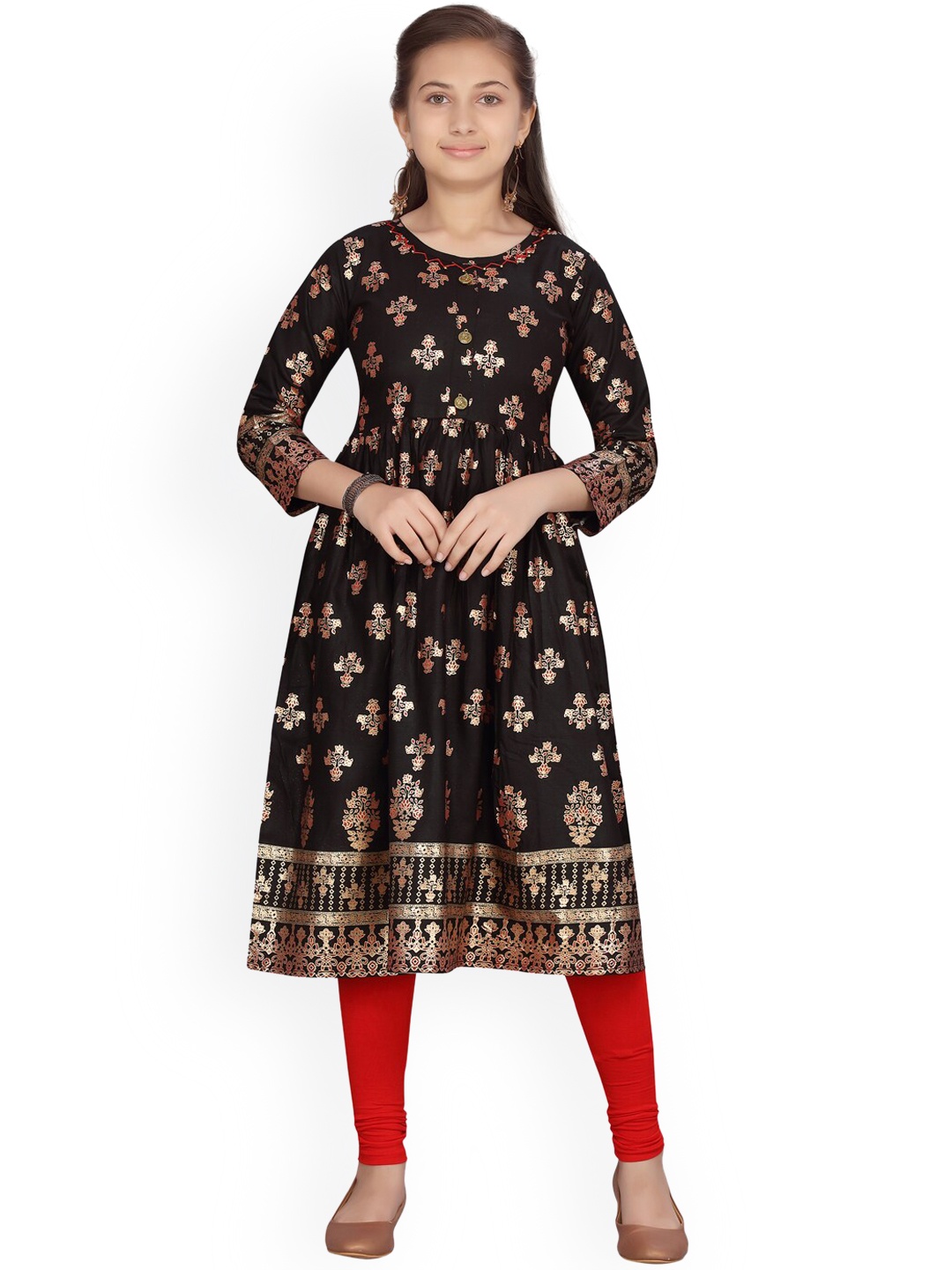 

Aarika Girls Black & Gold-Toned Ethnic Motifs Printed Anarkali Kurta