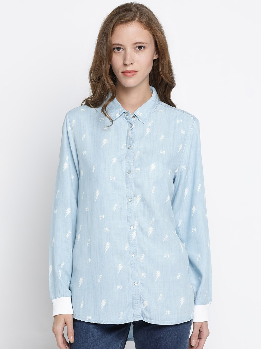 

Pepe Jeans Women Turquoise Blue & Off-White Regular Fit Printed Casual Shirt