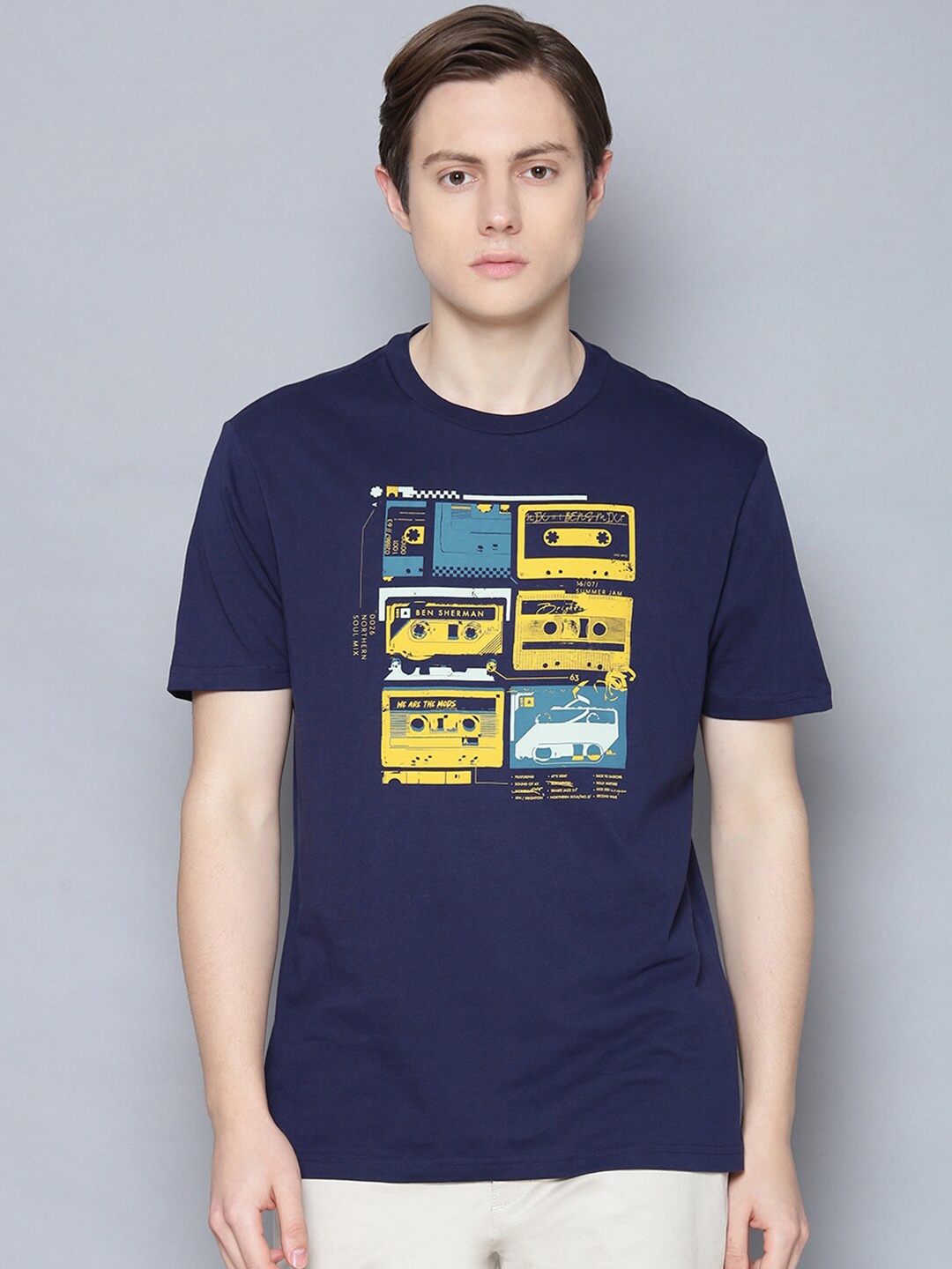 

BEN SHERMAN Men Blue Printed Round Neck Organic Cotton T-shirt