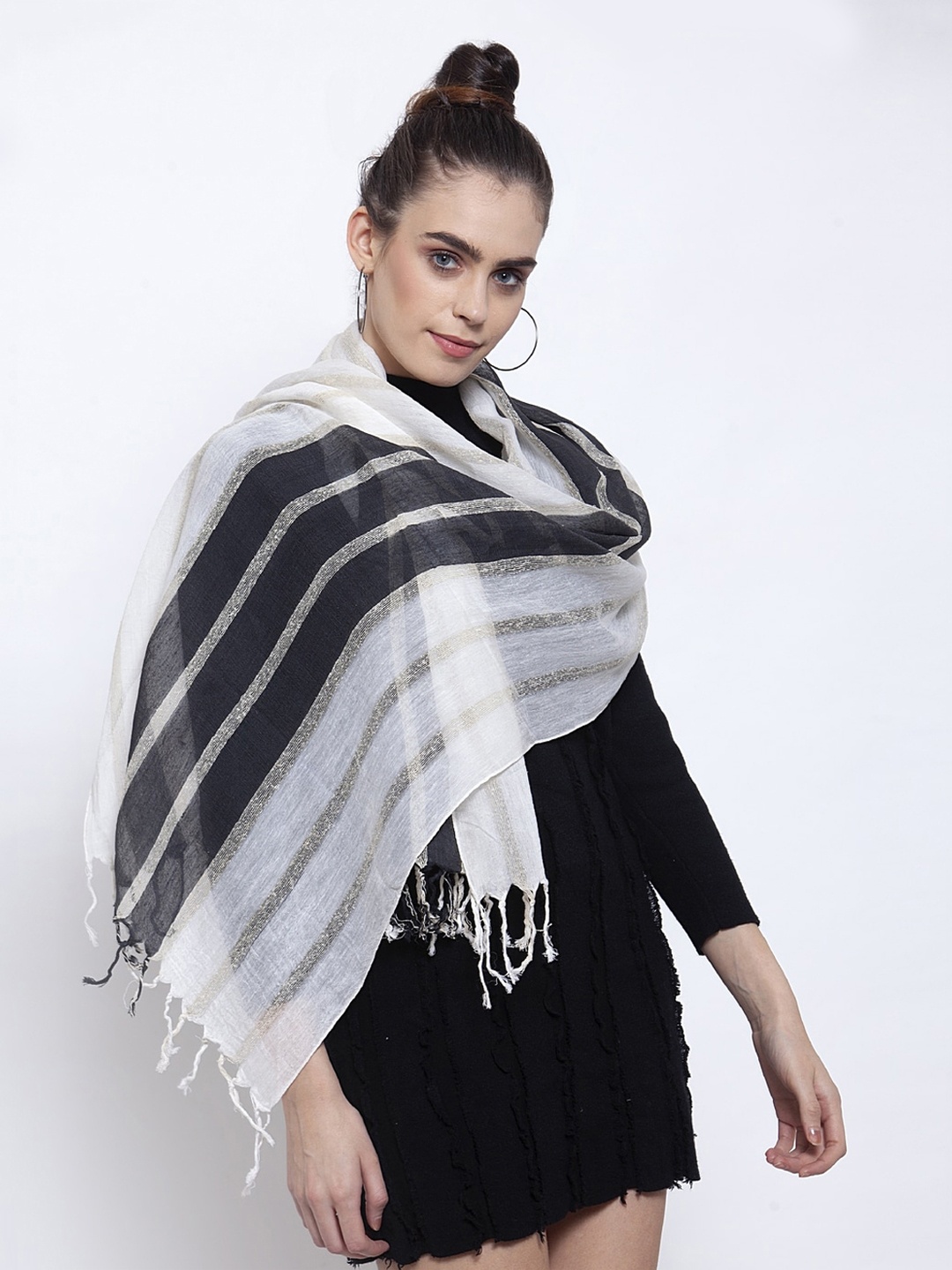 

J Style Women White & Black Striped Stole