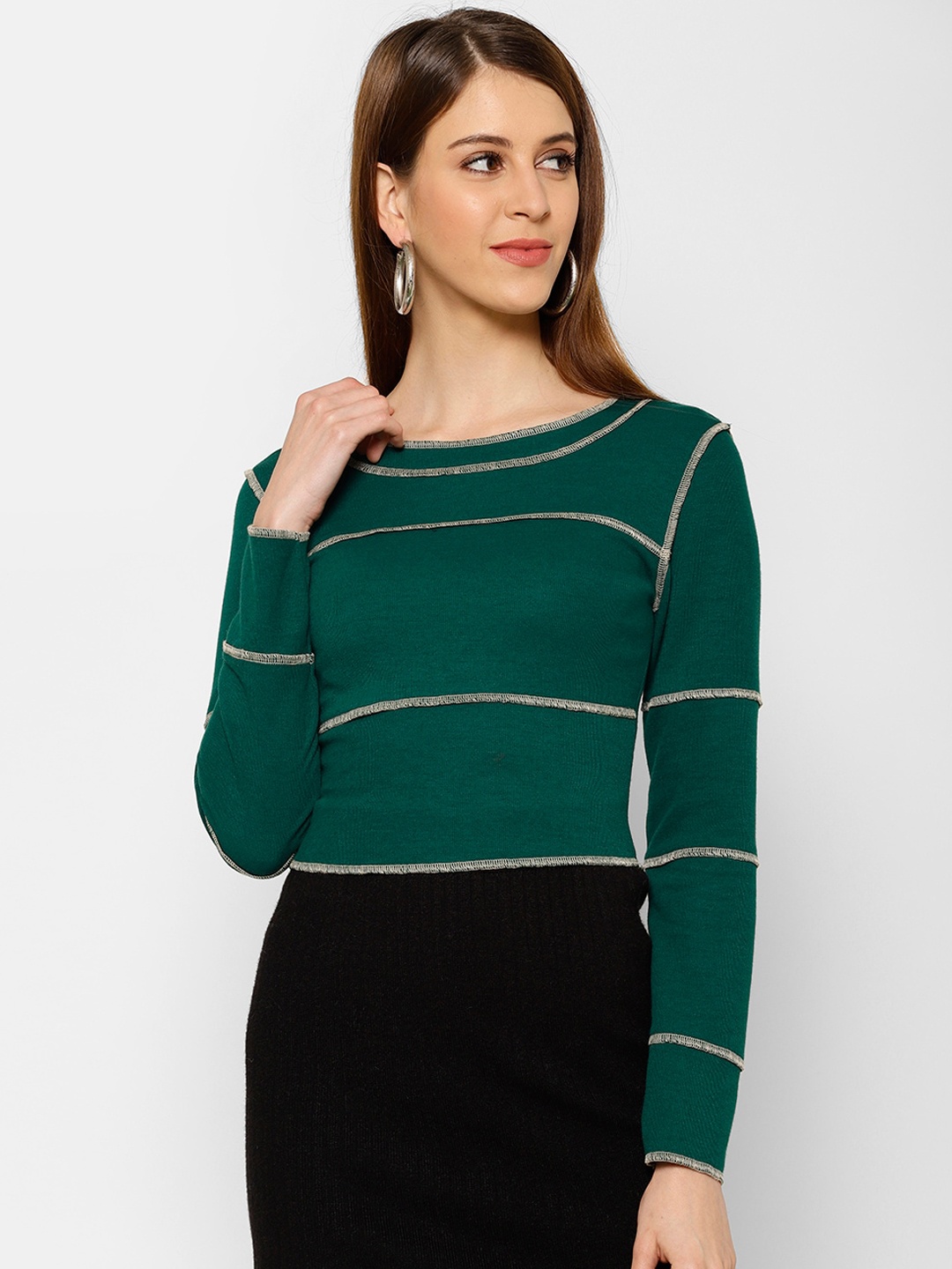 KASSUALLY Women Green Striped Fitted Top