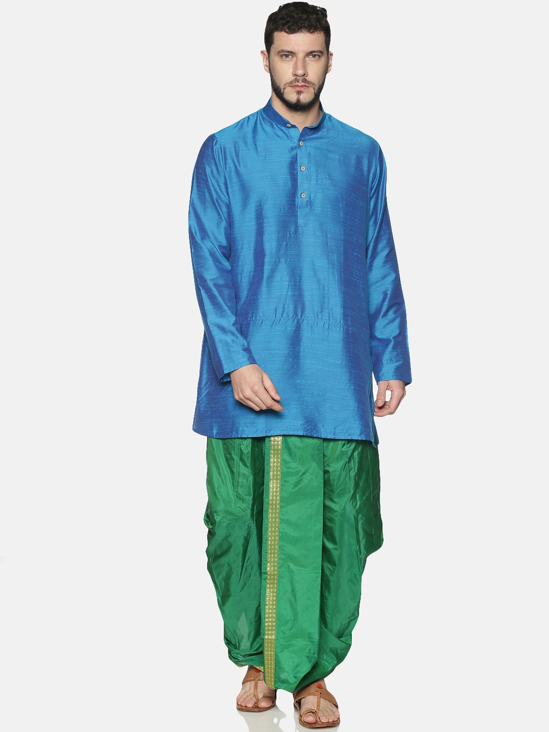 

TATTVA Men Blue & Green Solid Kurta with Dhoti Pants