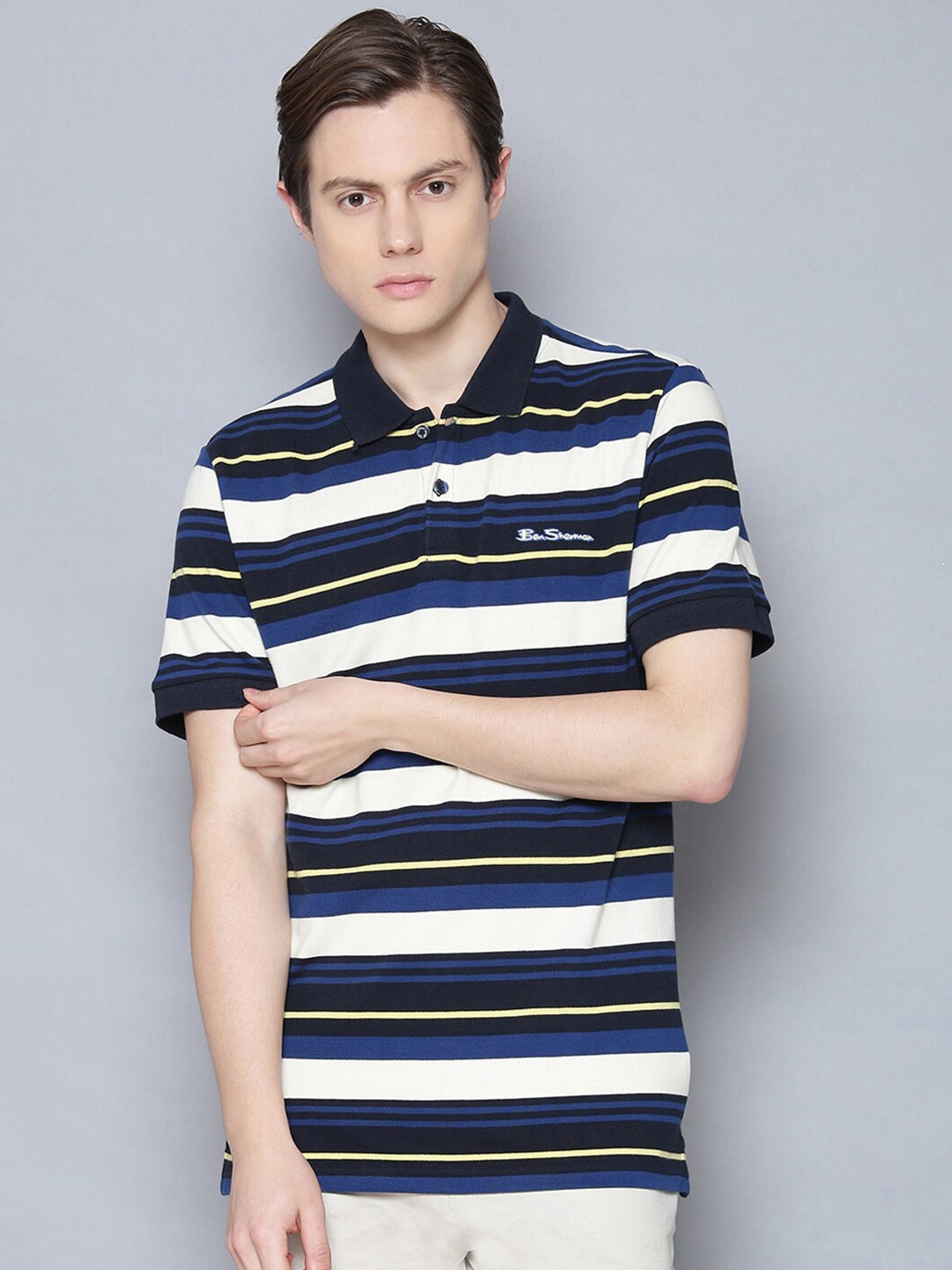 

BEN SHERMAN Men Navy Blue Striped Polo Collar T-shirt