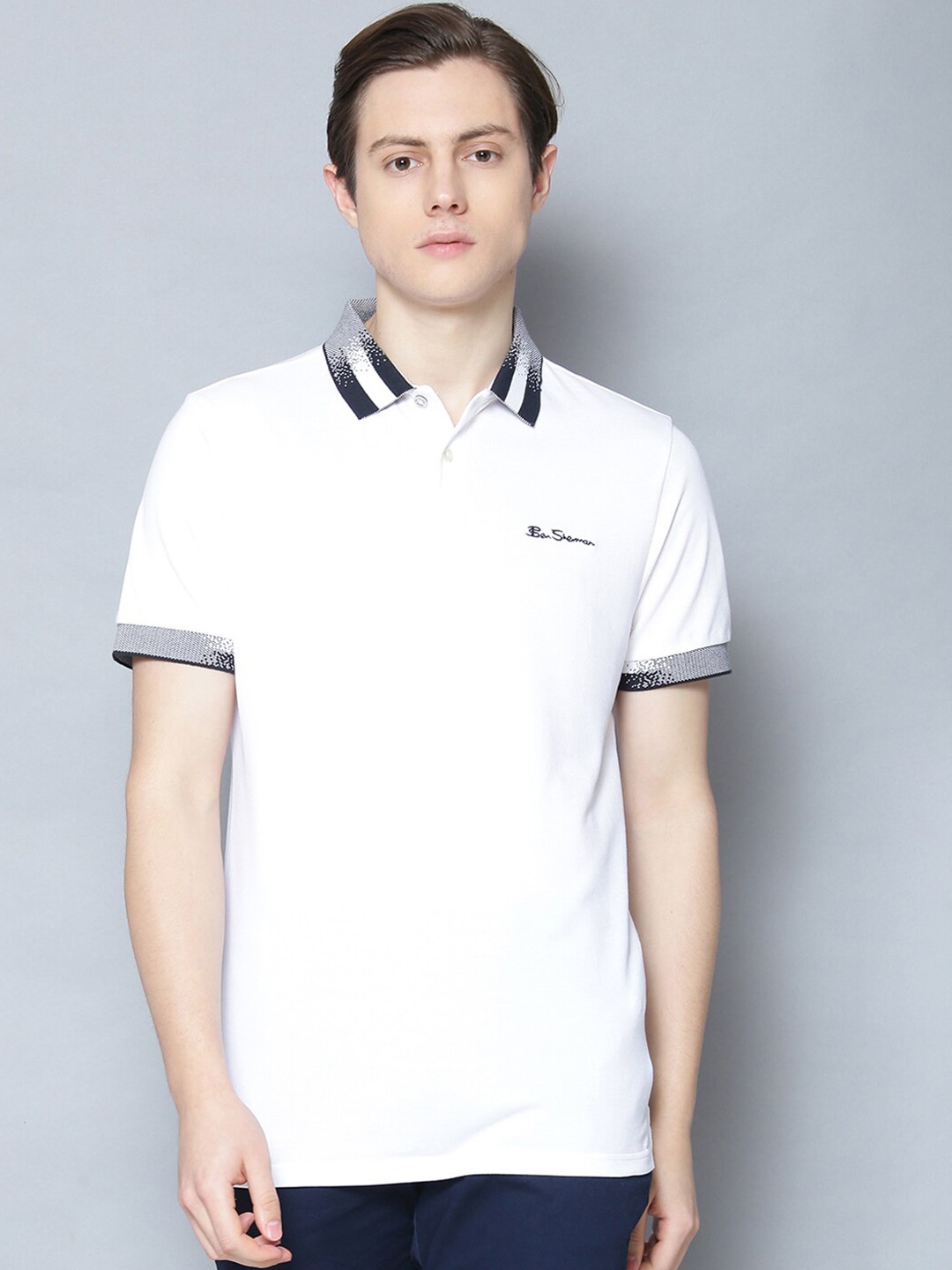 

BEN SHERMAN Men White Solid Polo Collar Pure Cotton T-shirt