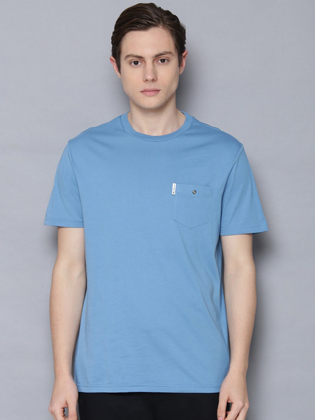 

BEN SHERMAN Men Blue Solid Round Neck Organic Cotton T-shirt