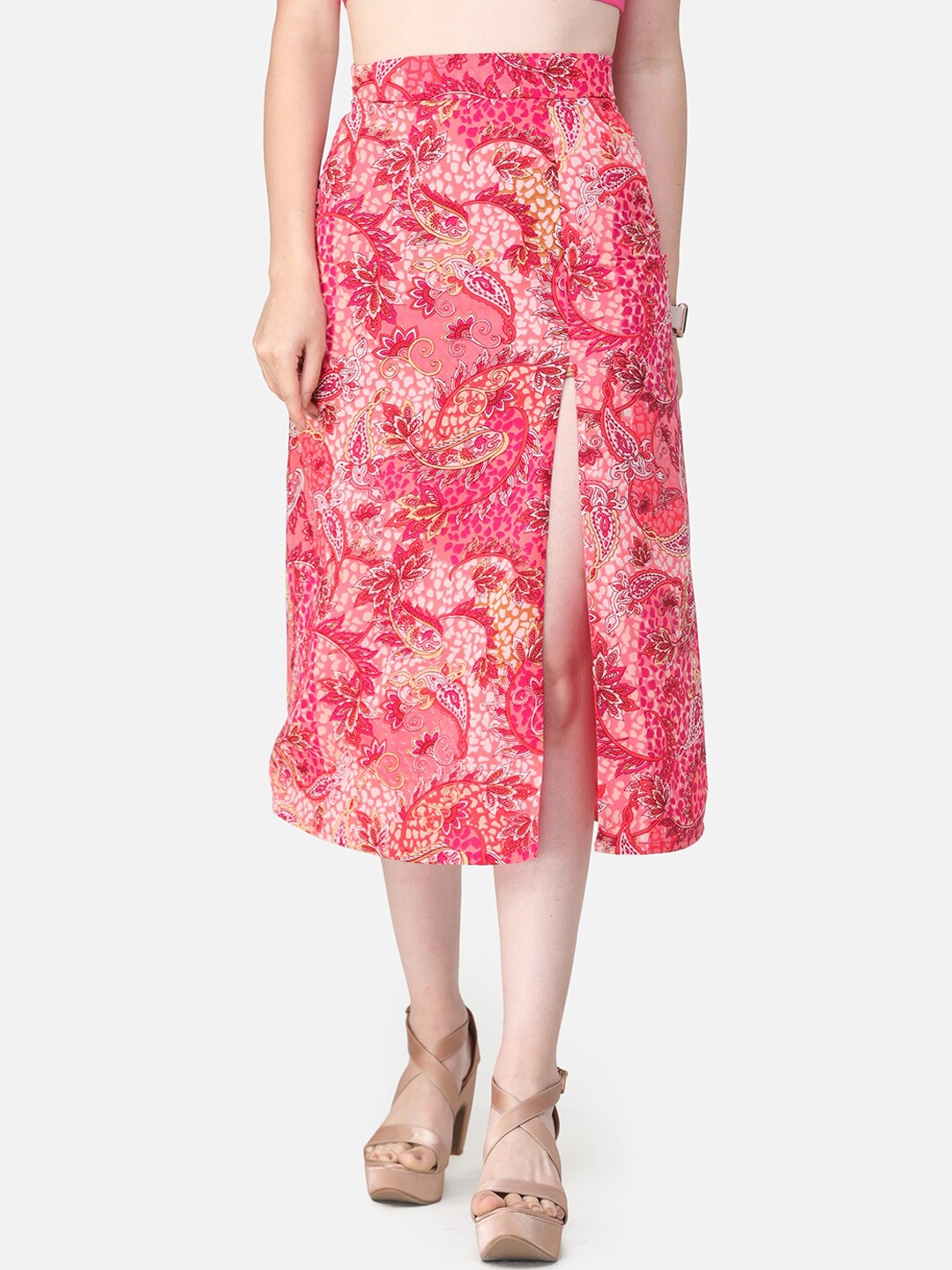 

SCORPIUS Pink & Off-White Printed Straight Midi Skirt