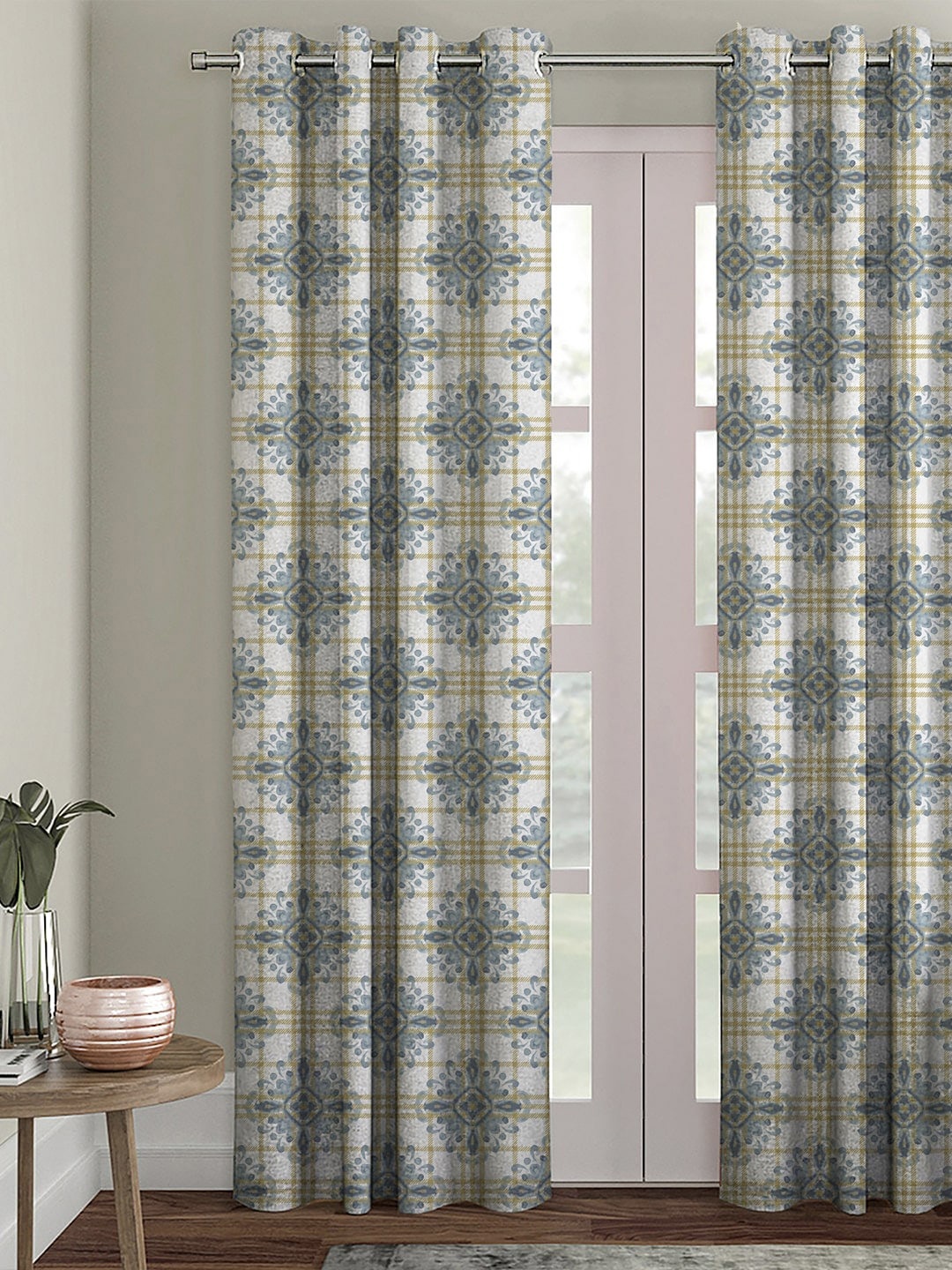 

HOUZZCODE Grey & Yellow Printed Single Black Out Door Curtain