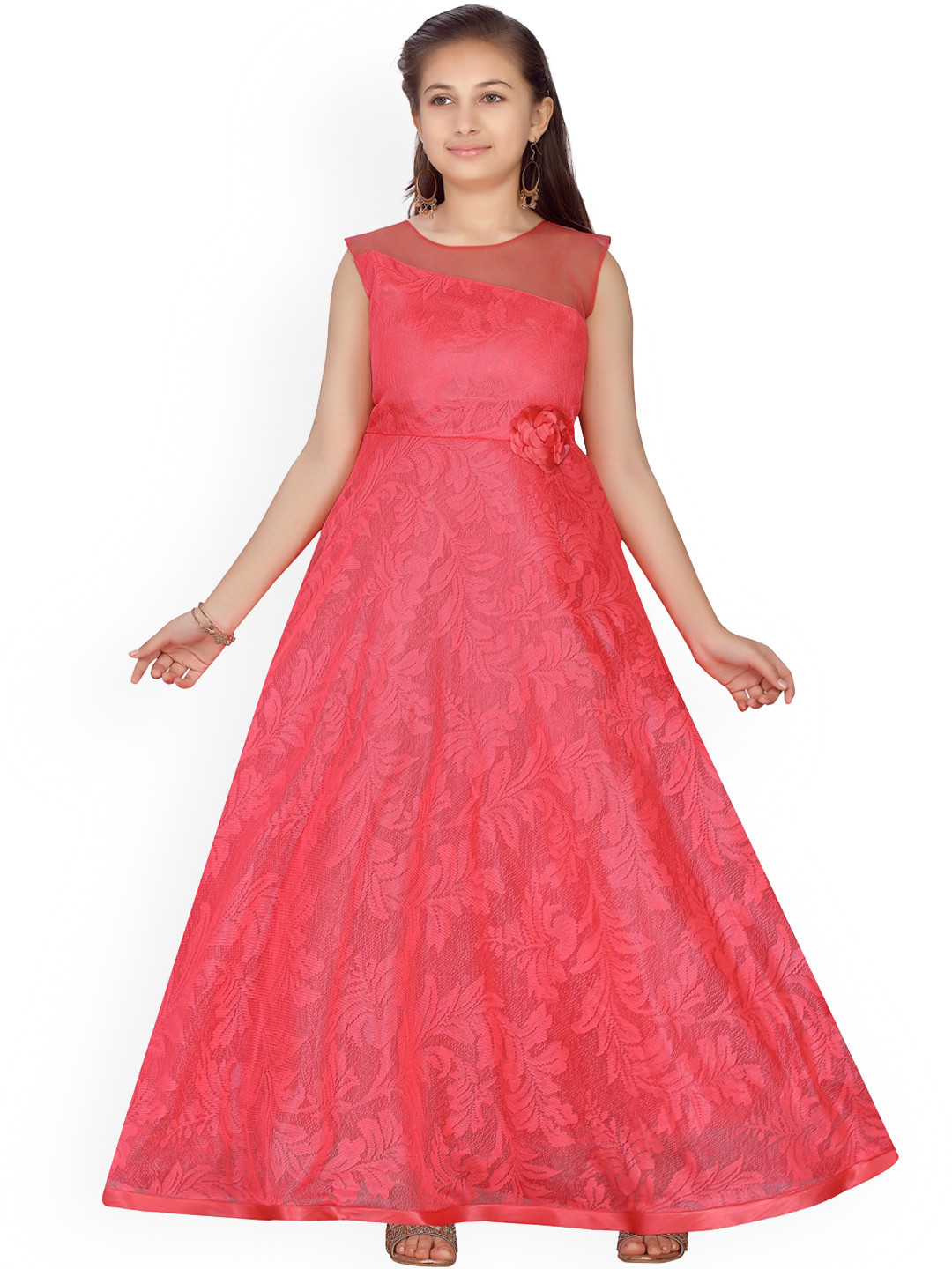 

Aarika Girls Coral Self Design Maxi Dress