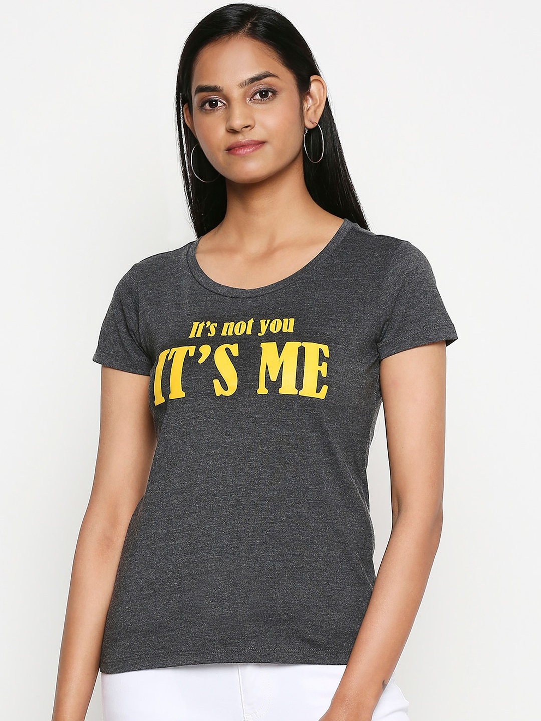

Honey by Pantaloons Women Grey Yellow Printed Round Neck Cotton Pure Cotton T-shirt