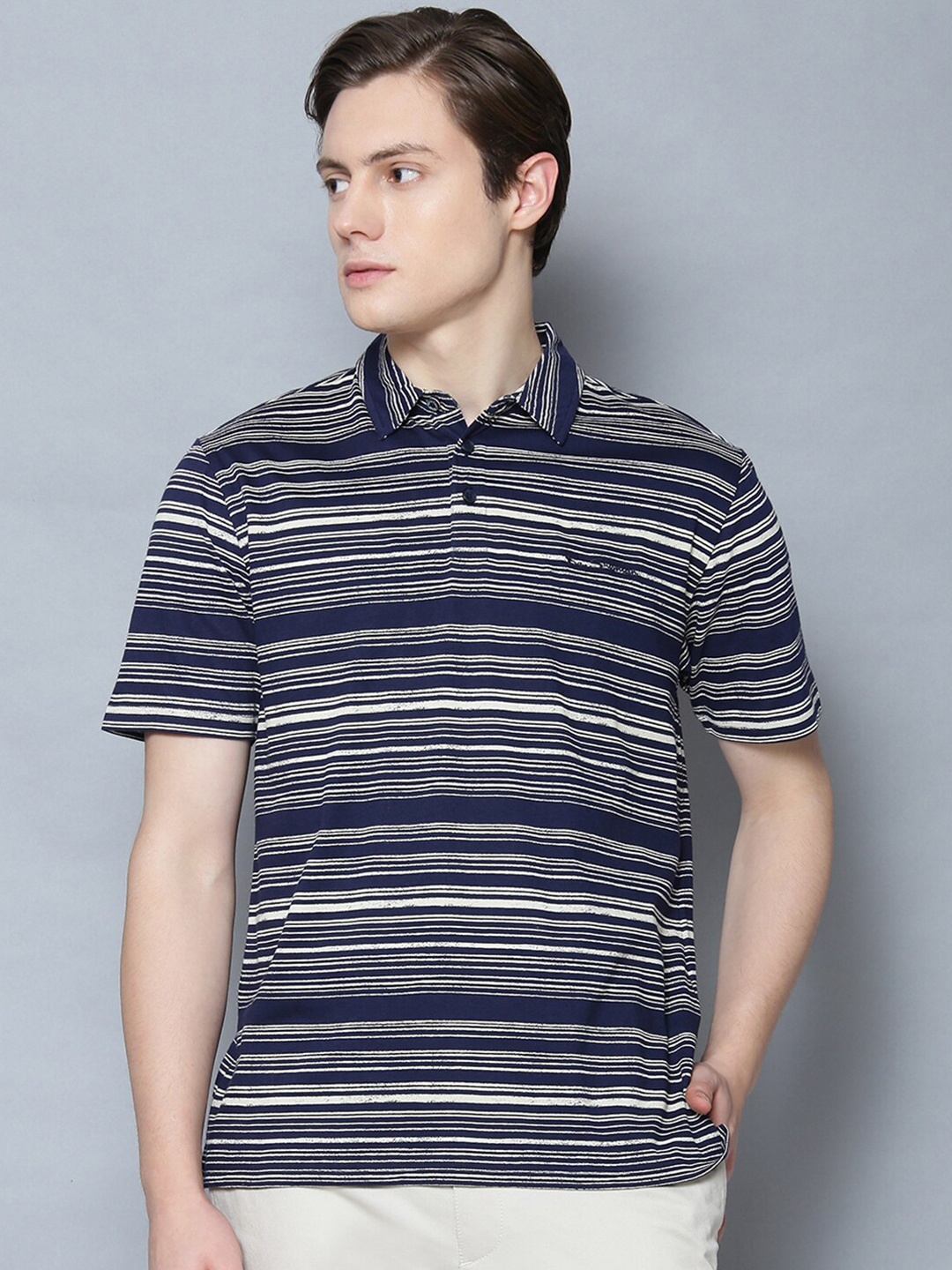 

BEN SHERMAN Men Blue Striped Polo Collar T-shirt