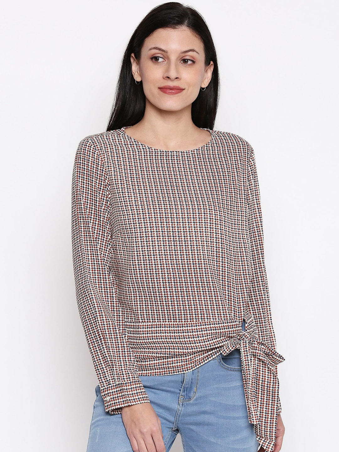 

People White Geometric Striped Top