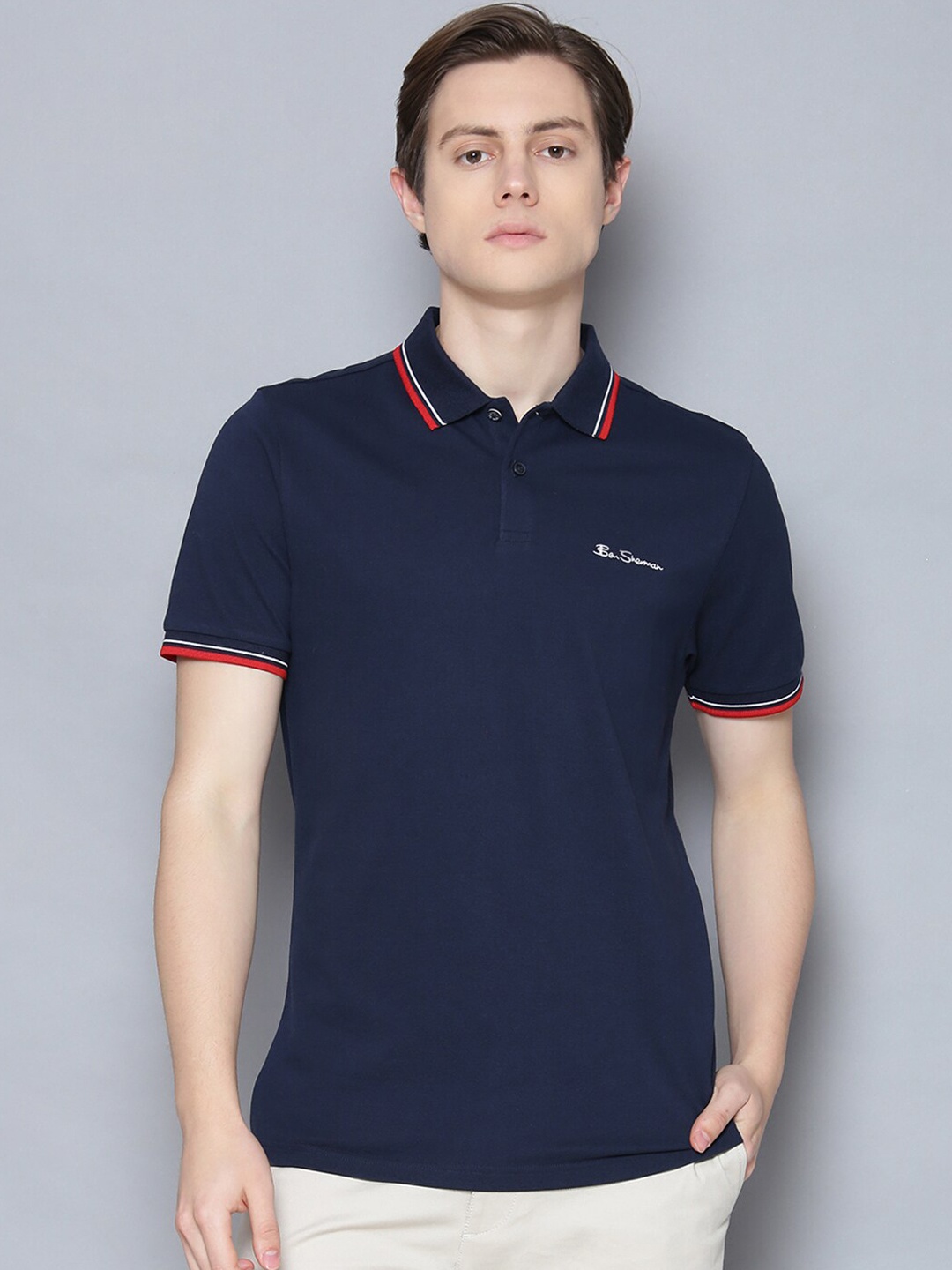 

BEN SHERMAN Men Navy Blue Solid Polo Collar Organic Cotton T-shirt