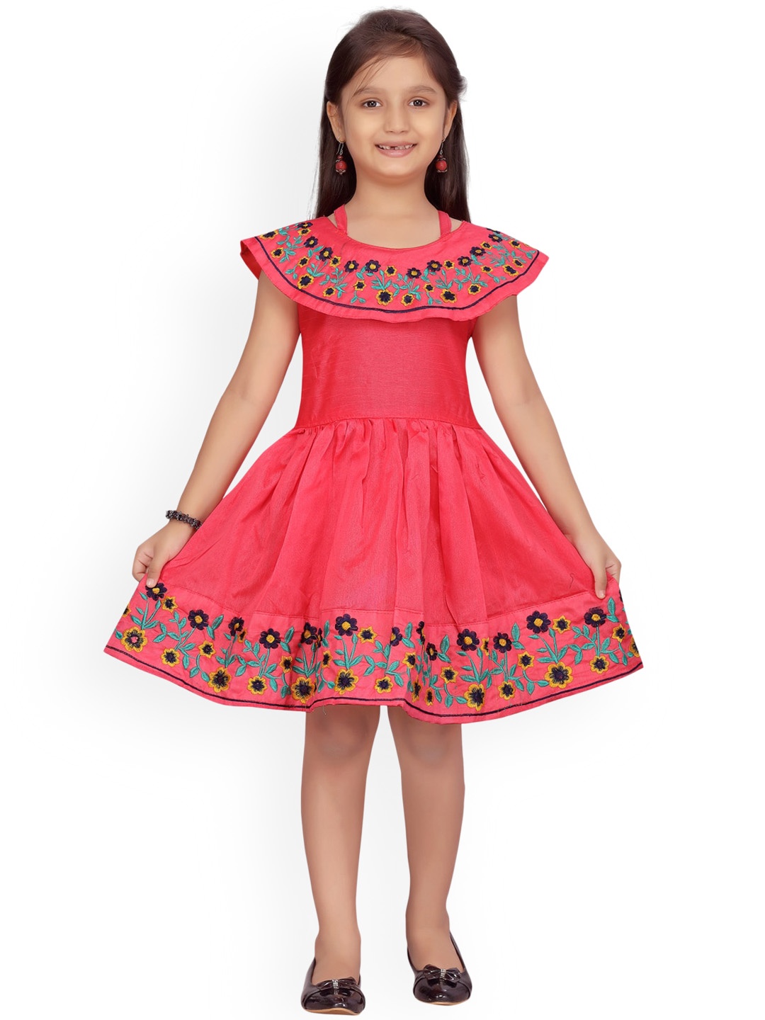 

Aarika Girls Coral Embroidered Fit and Flare Dress