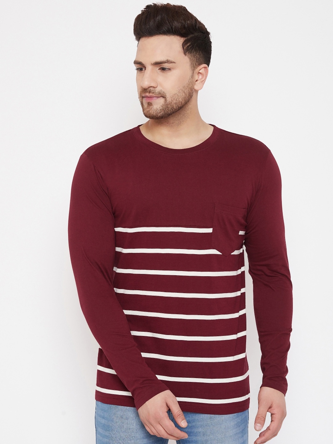 

Hypernation Men Maroon Striped Round Neck T-shirt