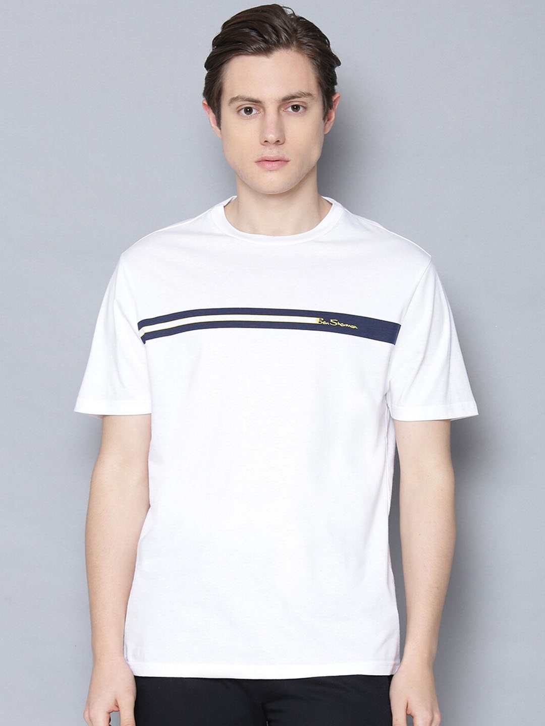 

BEN SHERMAN Men White Black Striped Round Neck Pure Cotton T-shirt