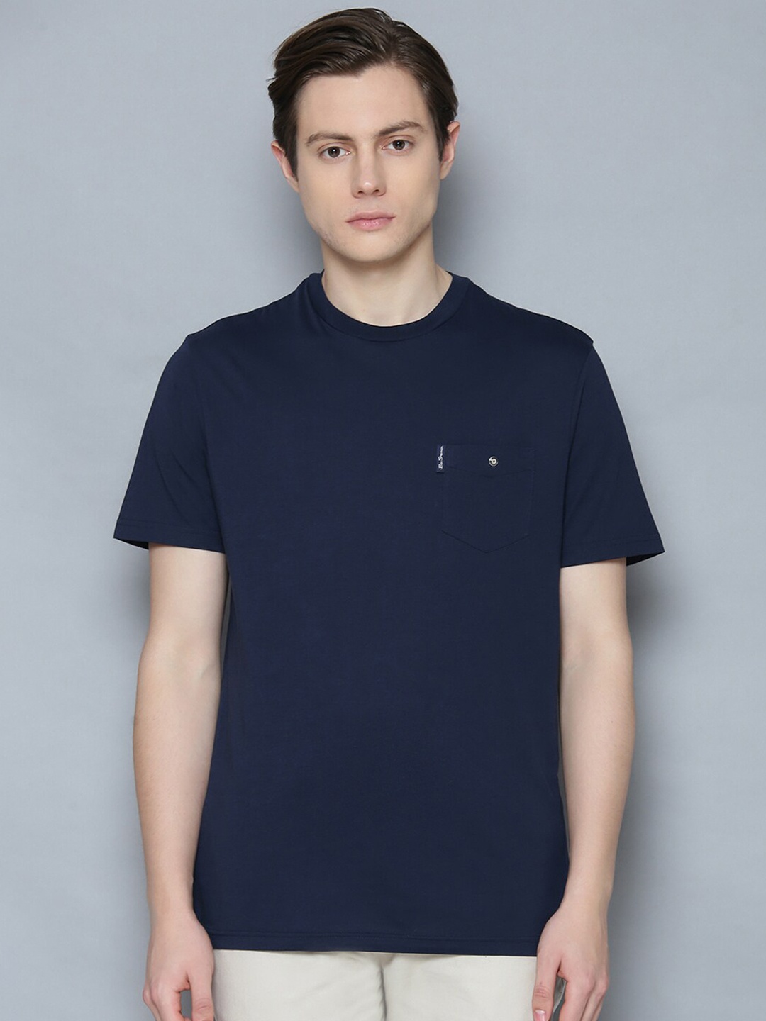 

BEN SHERMAN Men Navy Blue Solid Round Neck Organic Cotton T-shirt