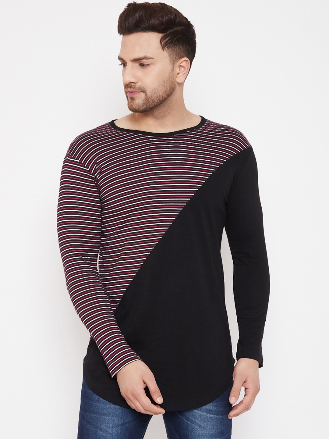 

Hypernation Men Maroon Black Striped Round Neck Pure Cotton T-shirt