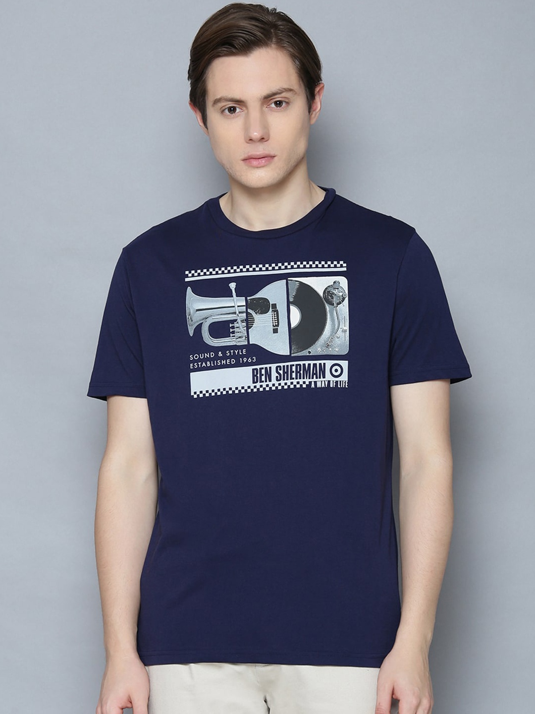 

BEN SHERMAN Men Navy Blue White Printed Round Neck Organic Cotton T-shirt