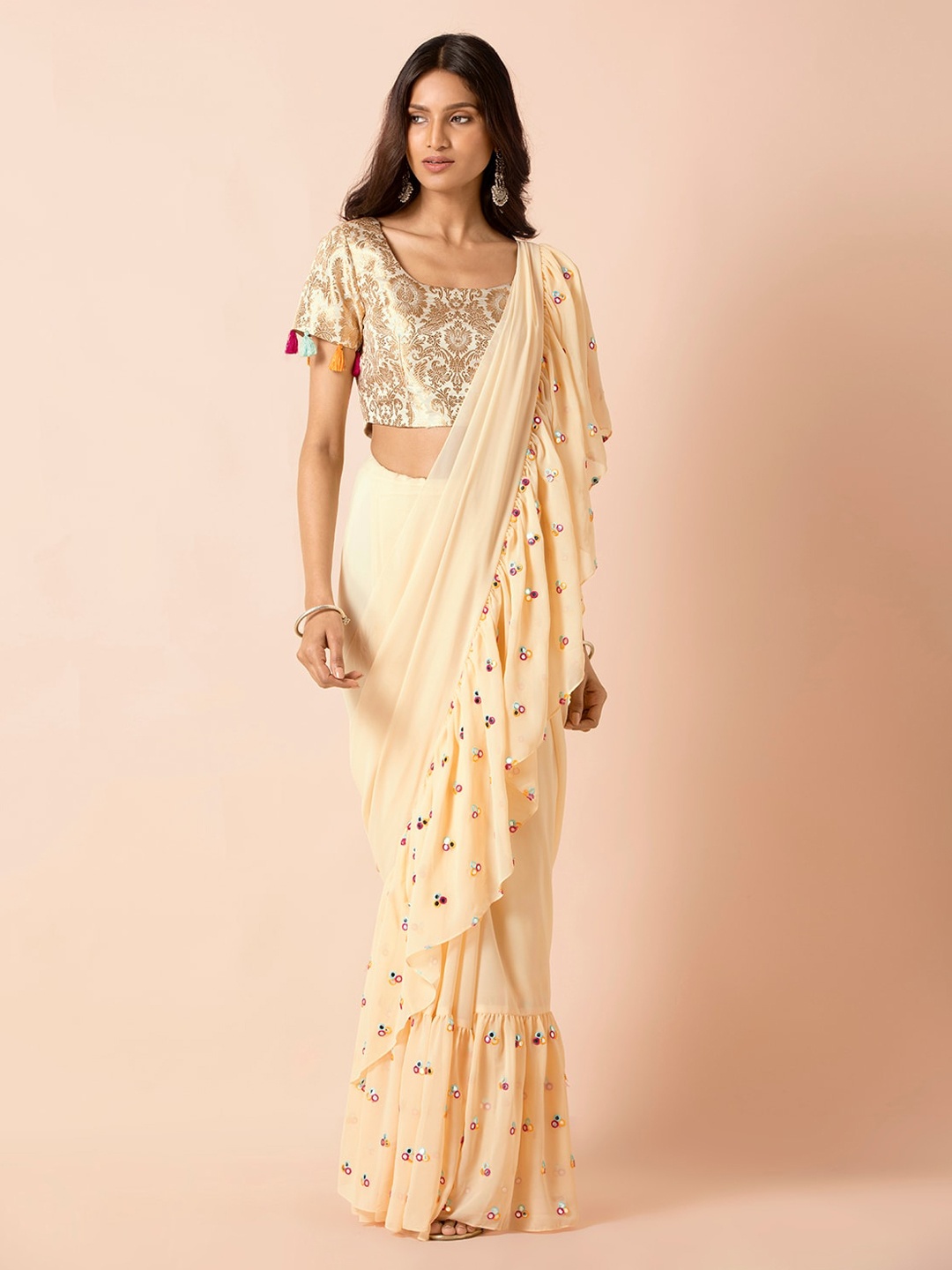 

INDYA X Payal Singhal Off-White Mirror Embroidered Ready To Wear Saree