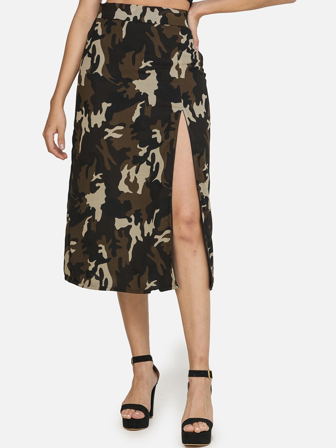SCORPIUS Women Black & Olive Green Printed Straight Midi Skirt