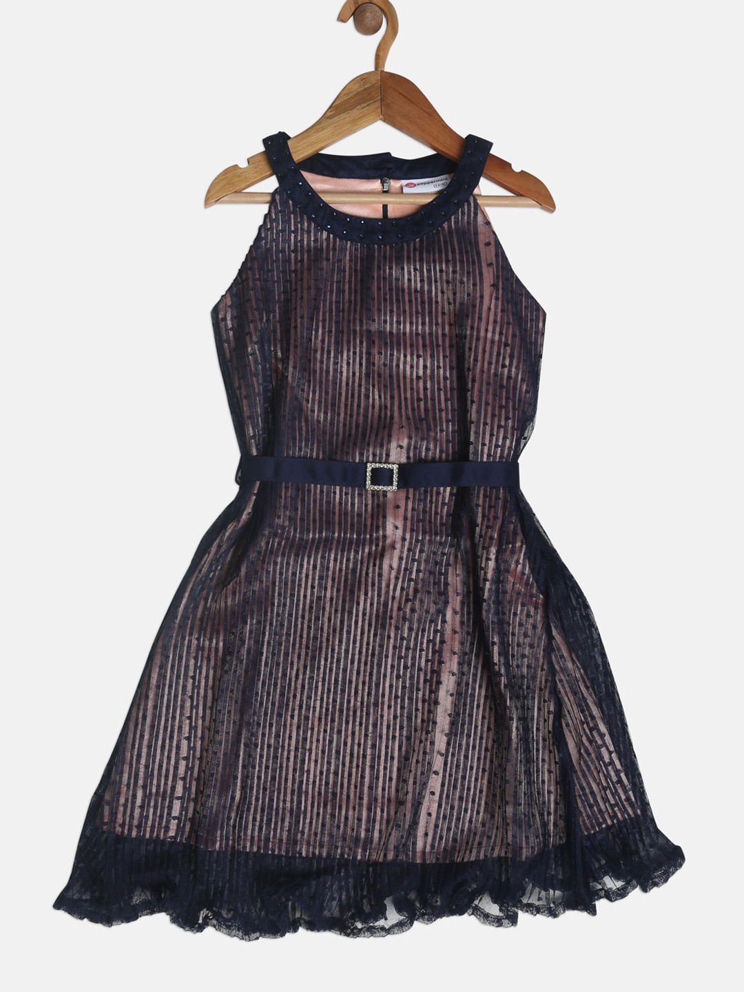 

Peppermint Girls Navy Blue Self Design Fit and Flare Dress