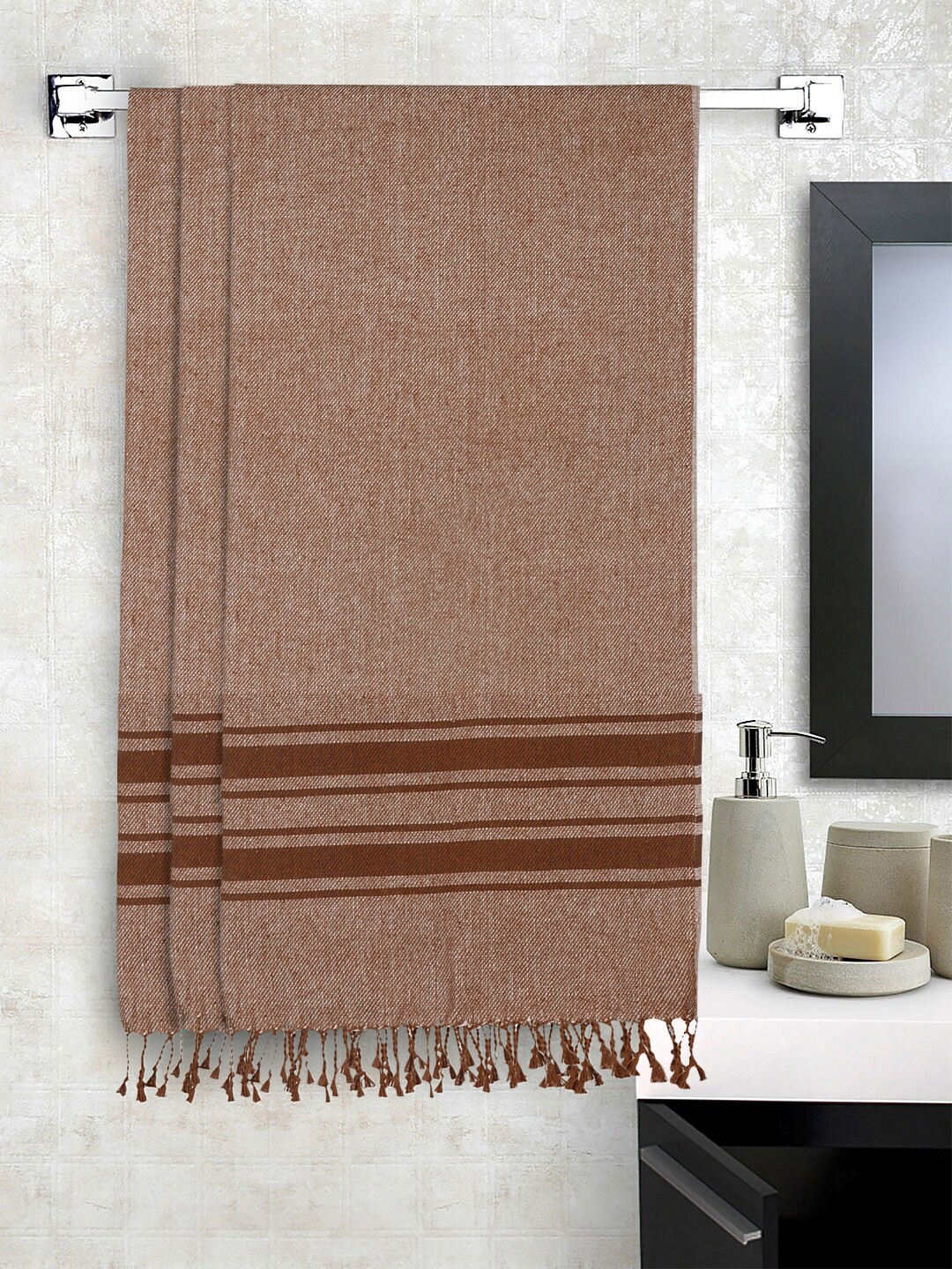 

KLOTTHE Unisex Set of 3 Striped 233 GSM Bath Towels, Brown